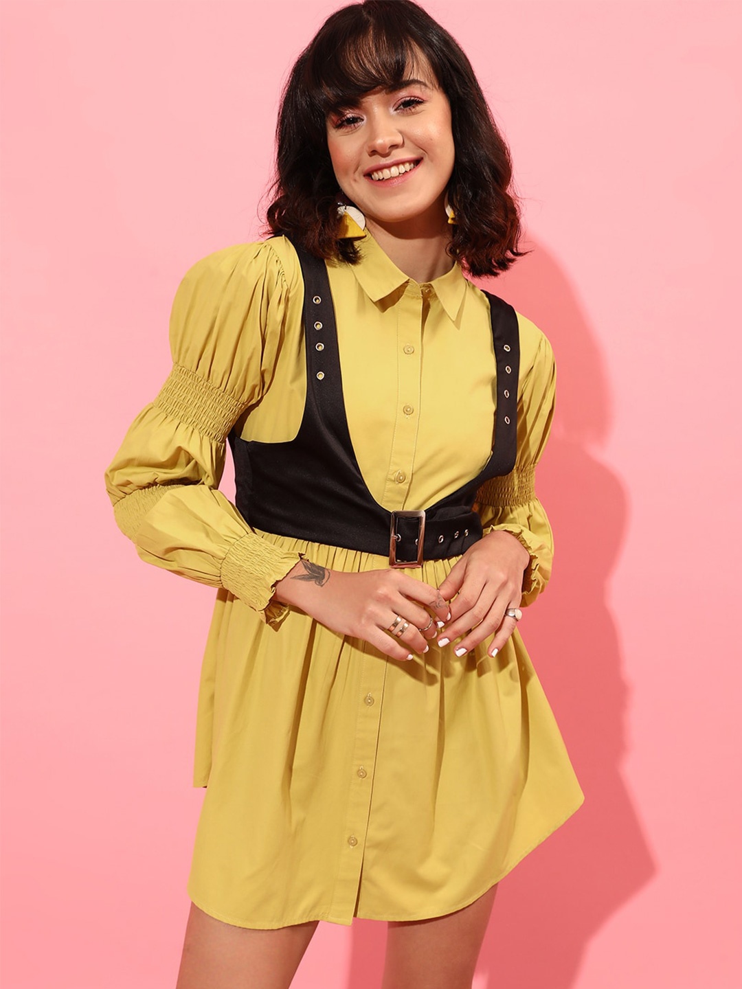 

STREET 9 Puff Sleeves Pure Cotton Shirt Dress, Yellow