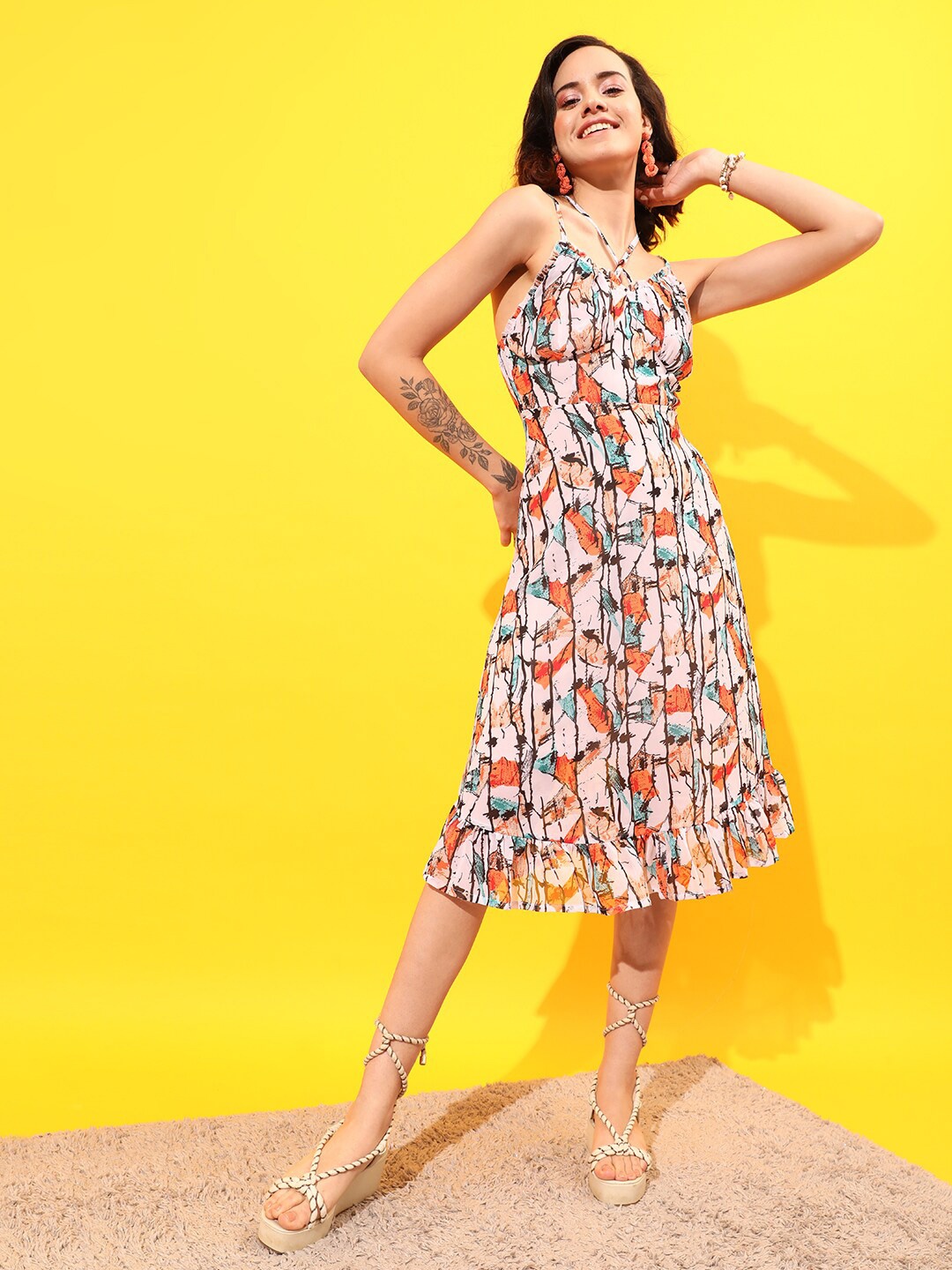 

STREET 9 Floral Printed A-Line Dress, Beige