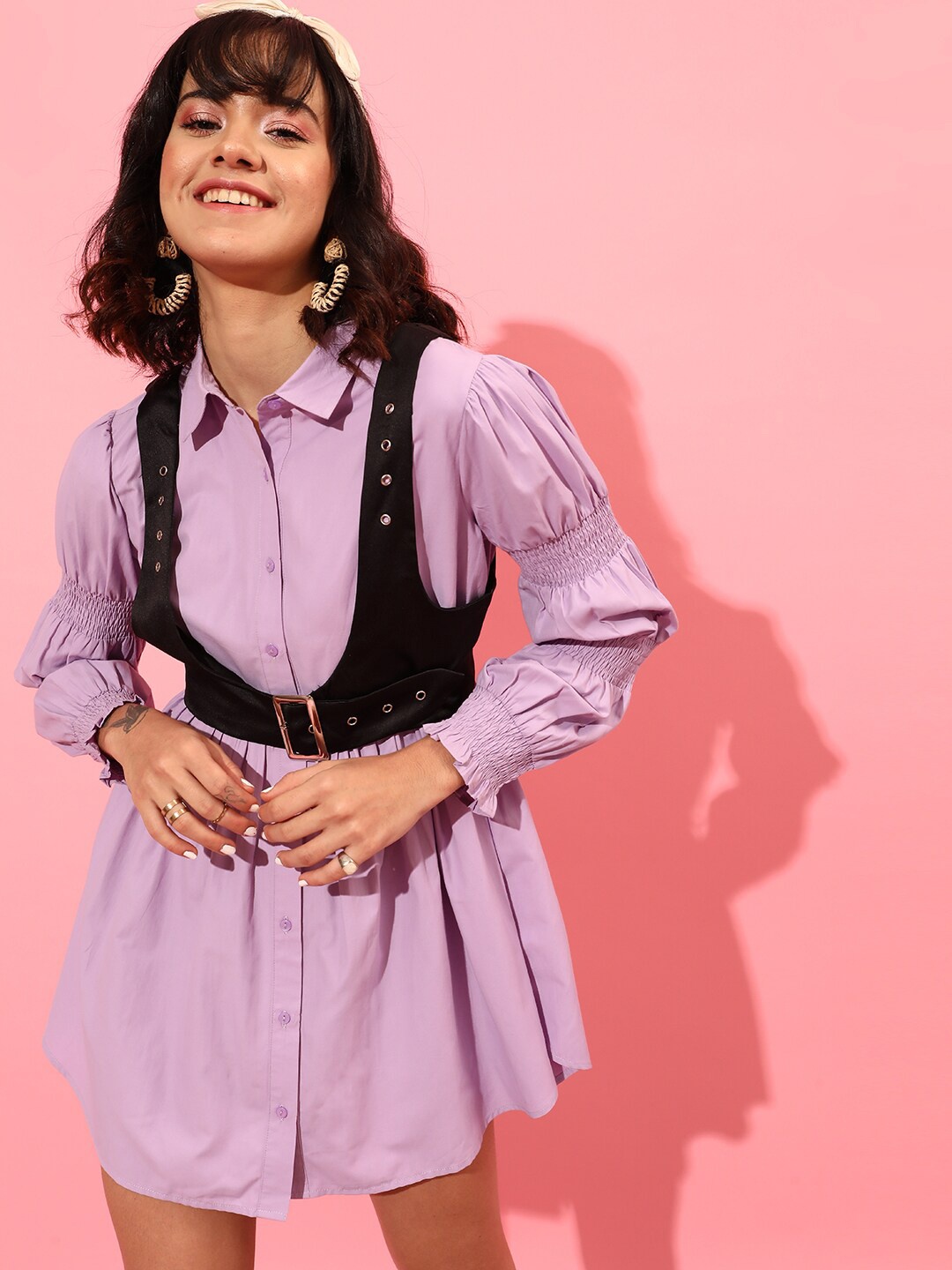 

STREET 9 Puff Sleeves Pure Cotton Shirt Dress, Lavender