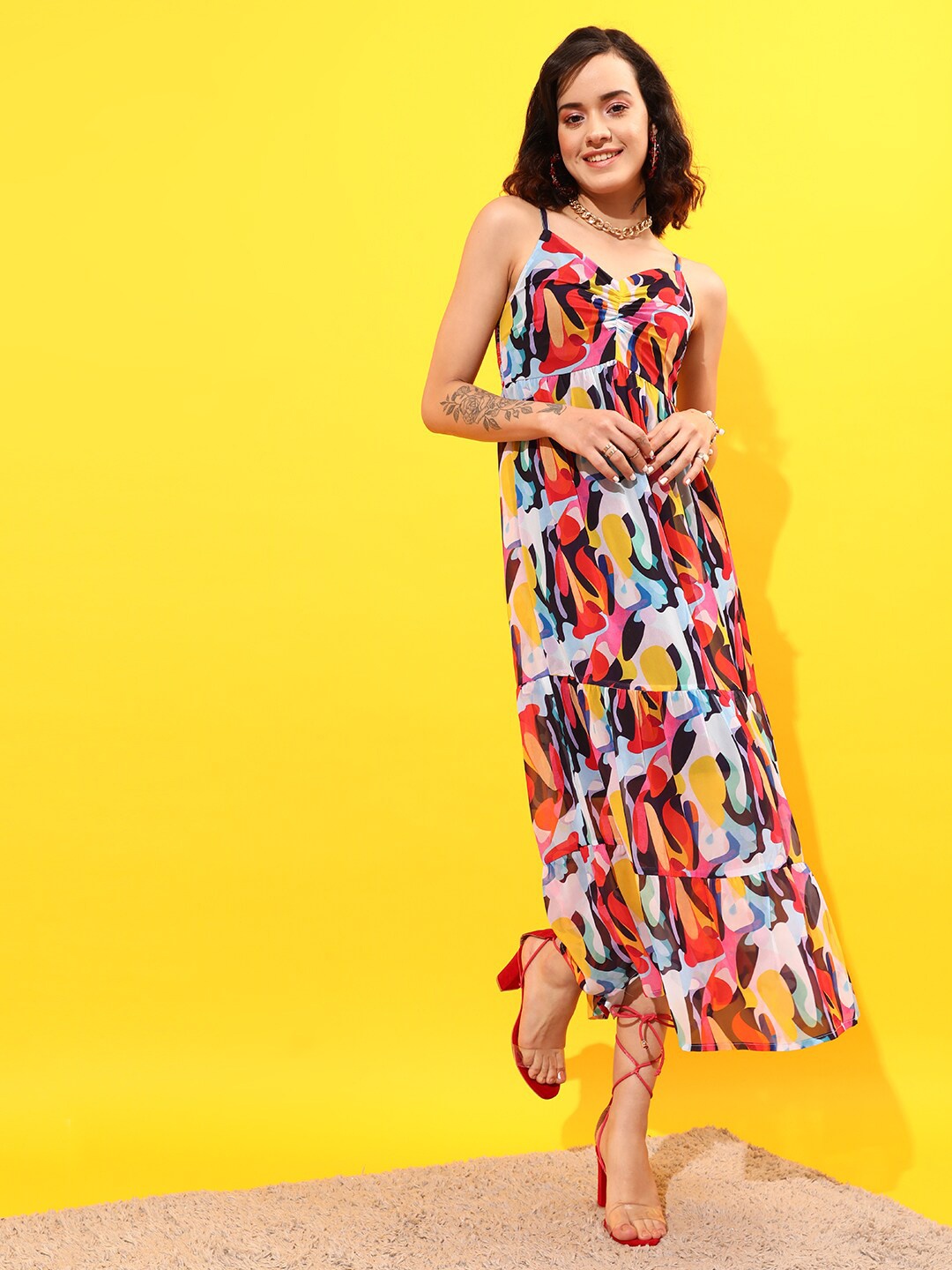 

STREET 9 Shoulder Straps Abstract Printed Tiered Chiffon Maxi Dress, Multi