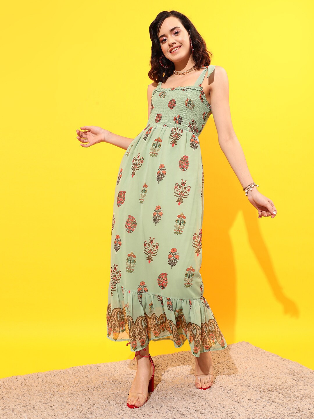 

STREET 9 Smocked Floral Printed Maxi Dress, Sea green