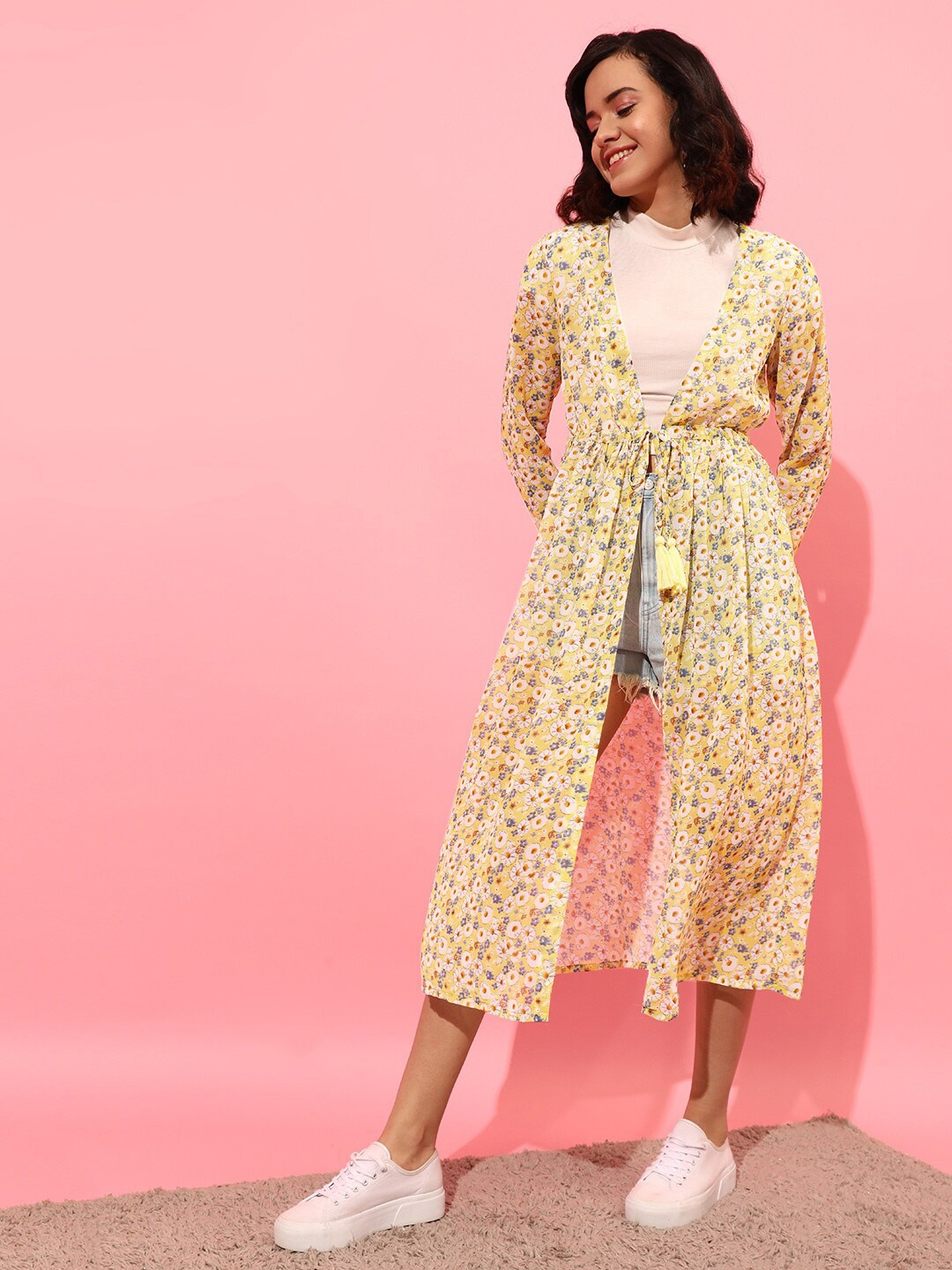 

STREET 9 Women Printed Longline Tie-Up Shrug, Yellow