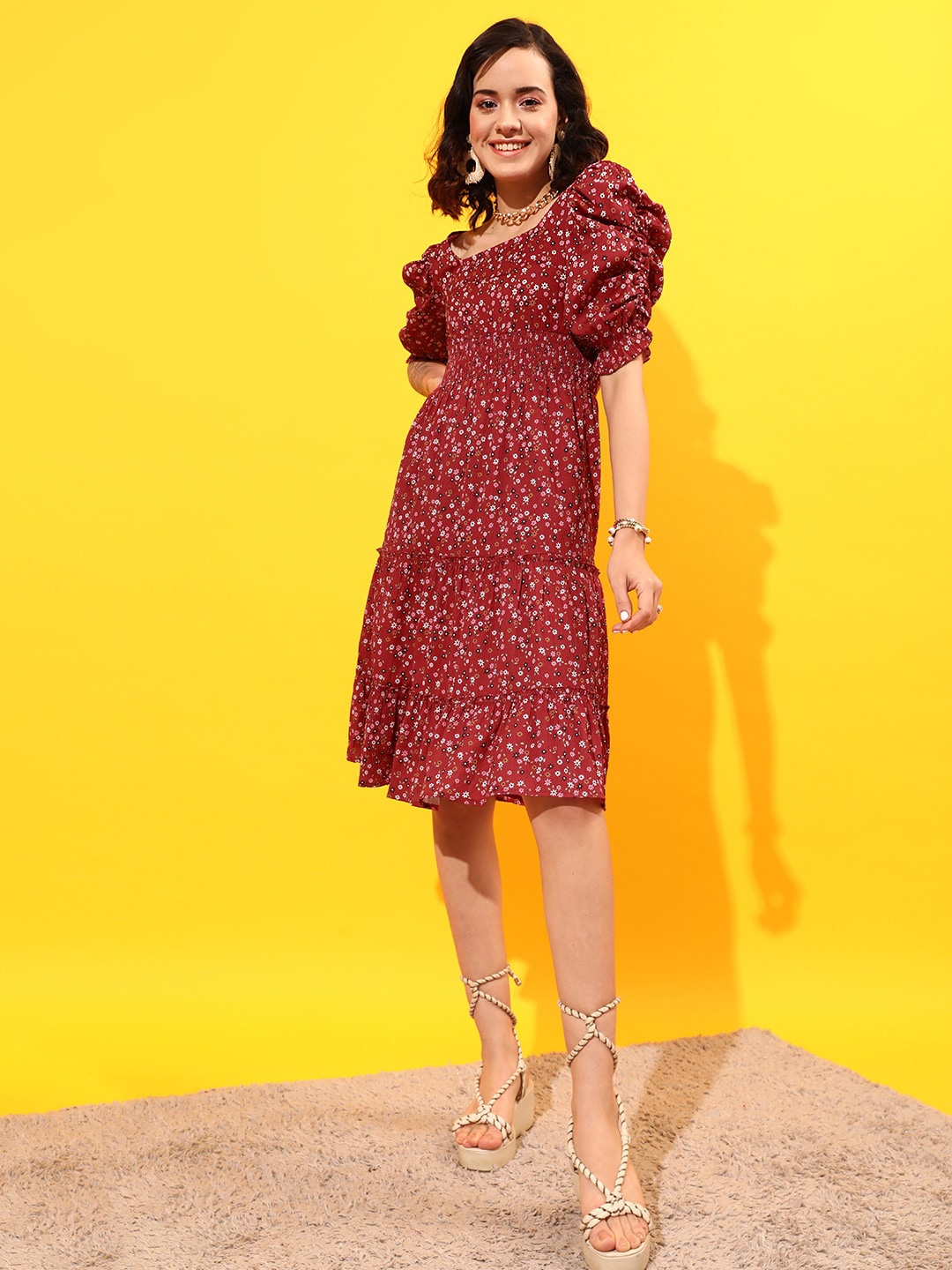 

STREET 9 Puff Sleeves Tiered Georgette A-Line Dress, Red