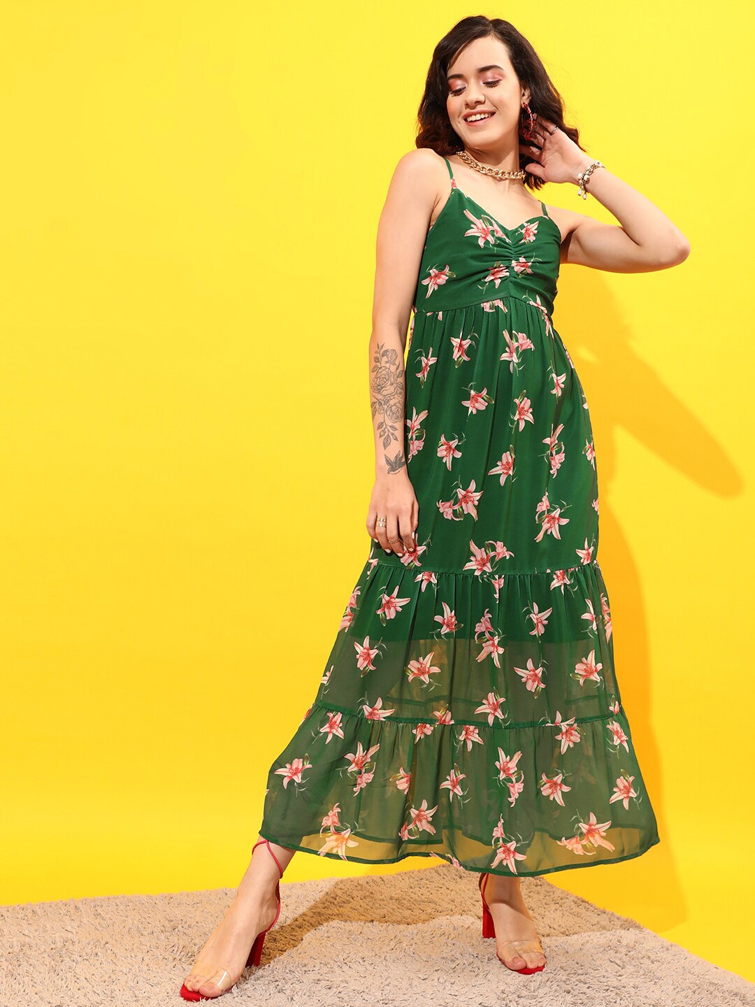 

STREET 9 Sweetheart Neck Floral Chiffon Maxi Dress, Green