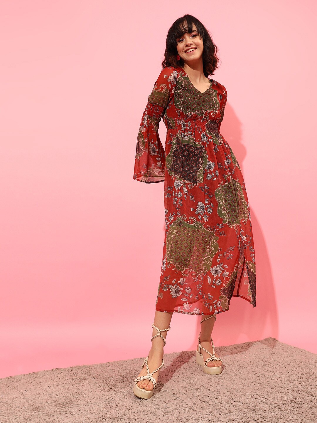 

STREET 9 Ethnic Motif Printed V Neck Bell Sleeves Smocked Midi Dress, Red