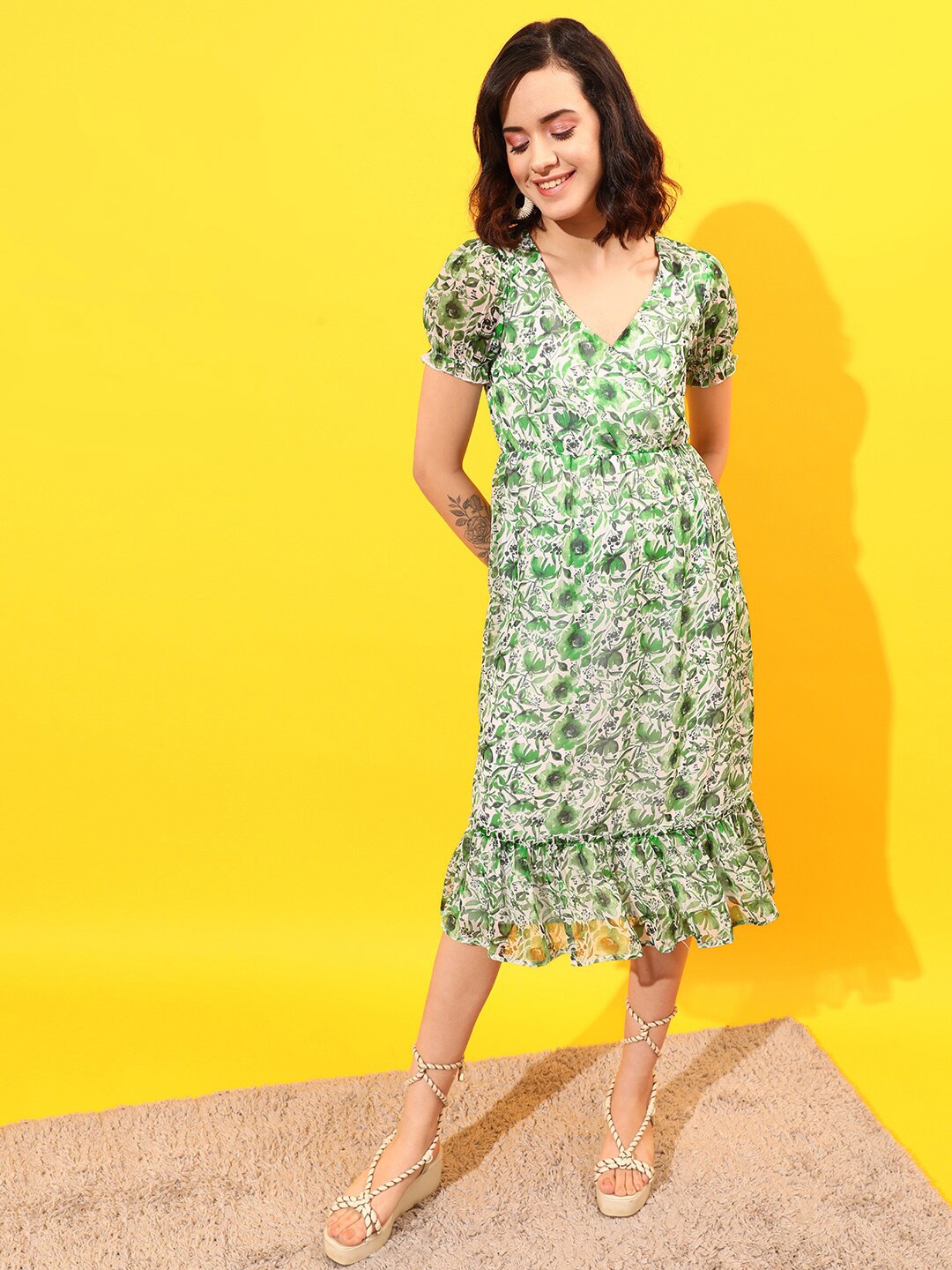 

STREET 9 Puff Sleeves Floral Chiffon A-Line Midi Dress, Green