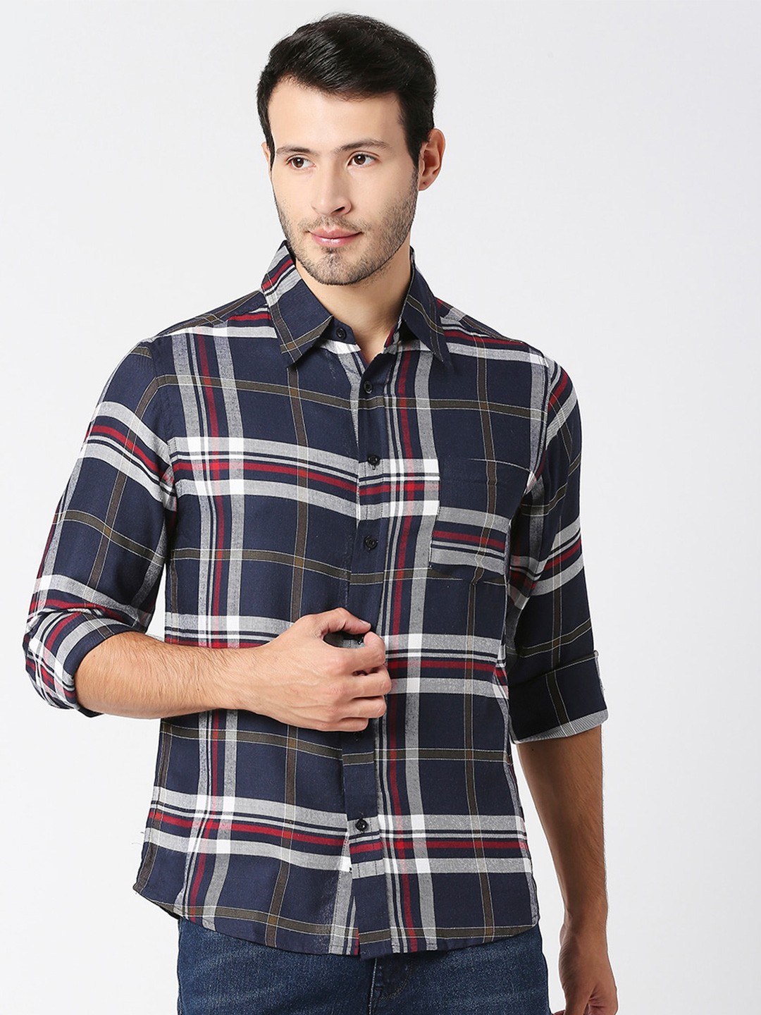 

MOD ECRU Tartan Checked Classic Casual Shirt, Navy blue