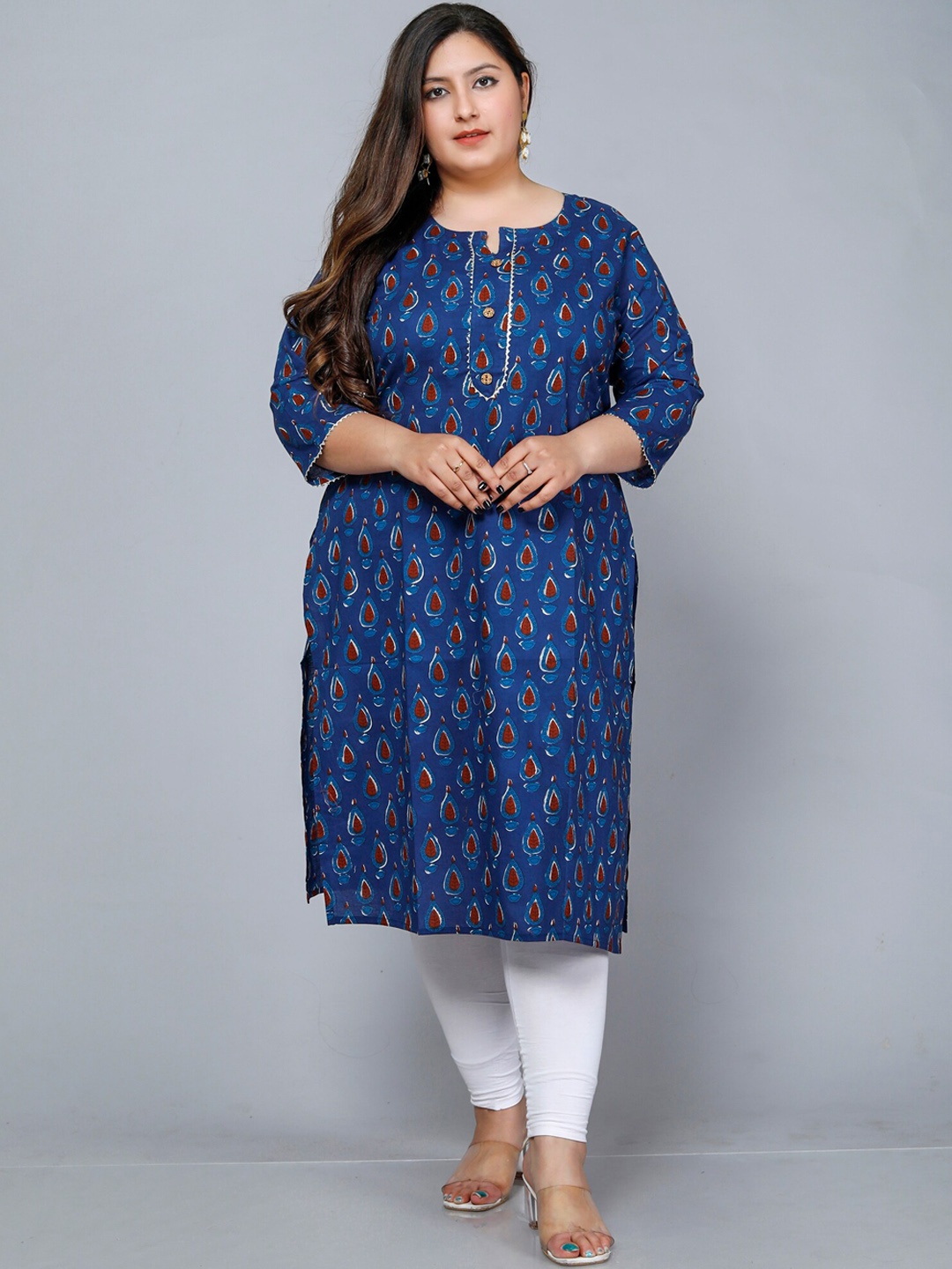 

Jevi Prints Plus Size Ethnic Motifs Printed Block Print Cotton Kurta, Blue