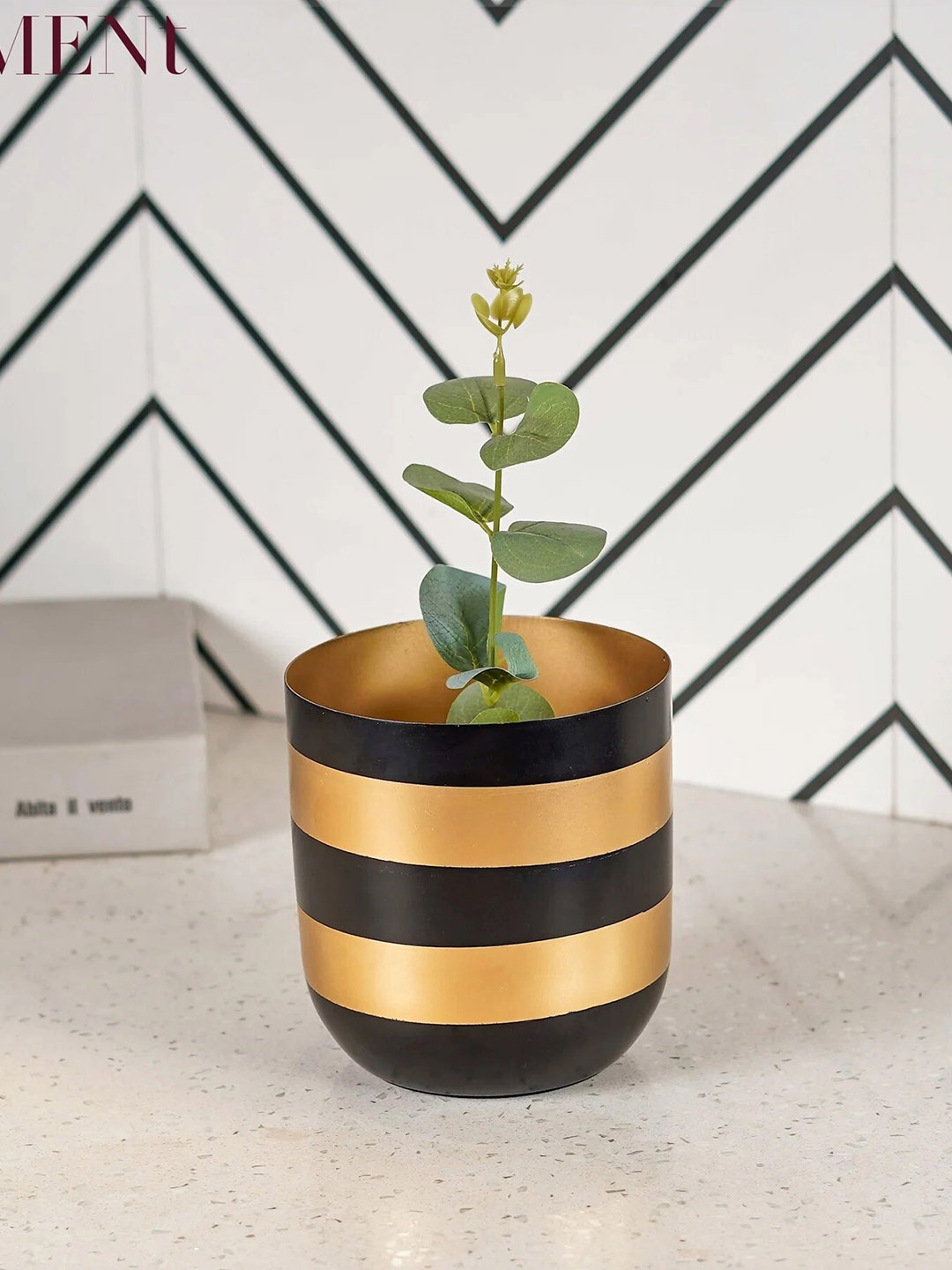 

THE ARTMENT Luxuriant Life Black & Gold-Toned Striped Metal Planter