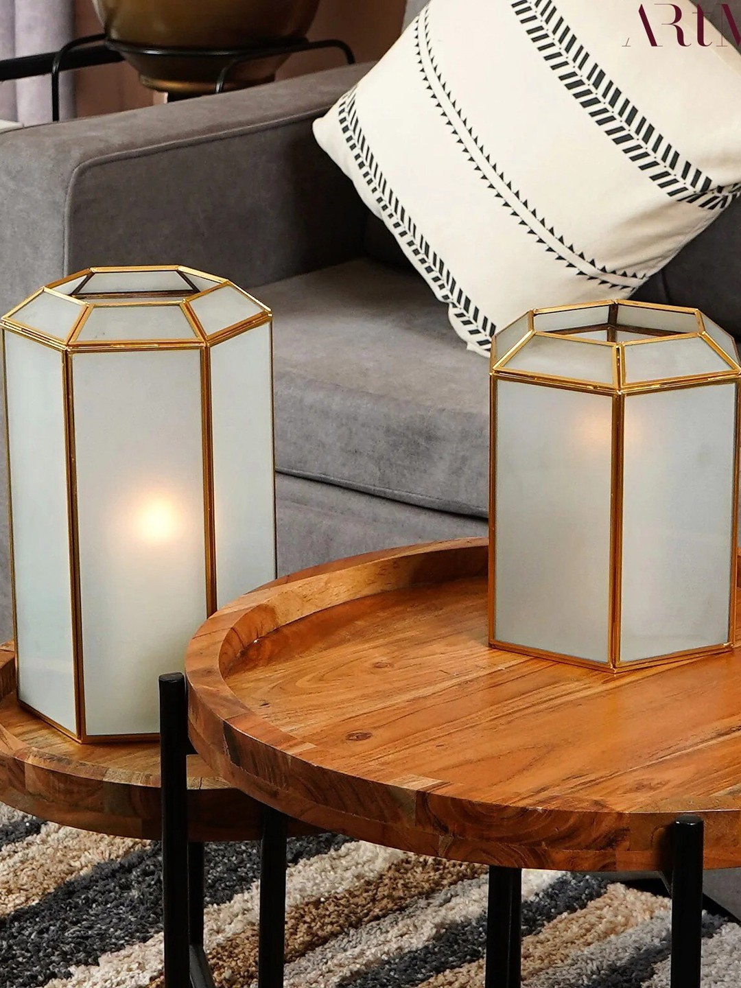 

THE ARTMENT Minimal Enchanted White & Gold-Toned Hexagonal Hurricane Table Lamp