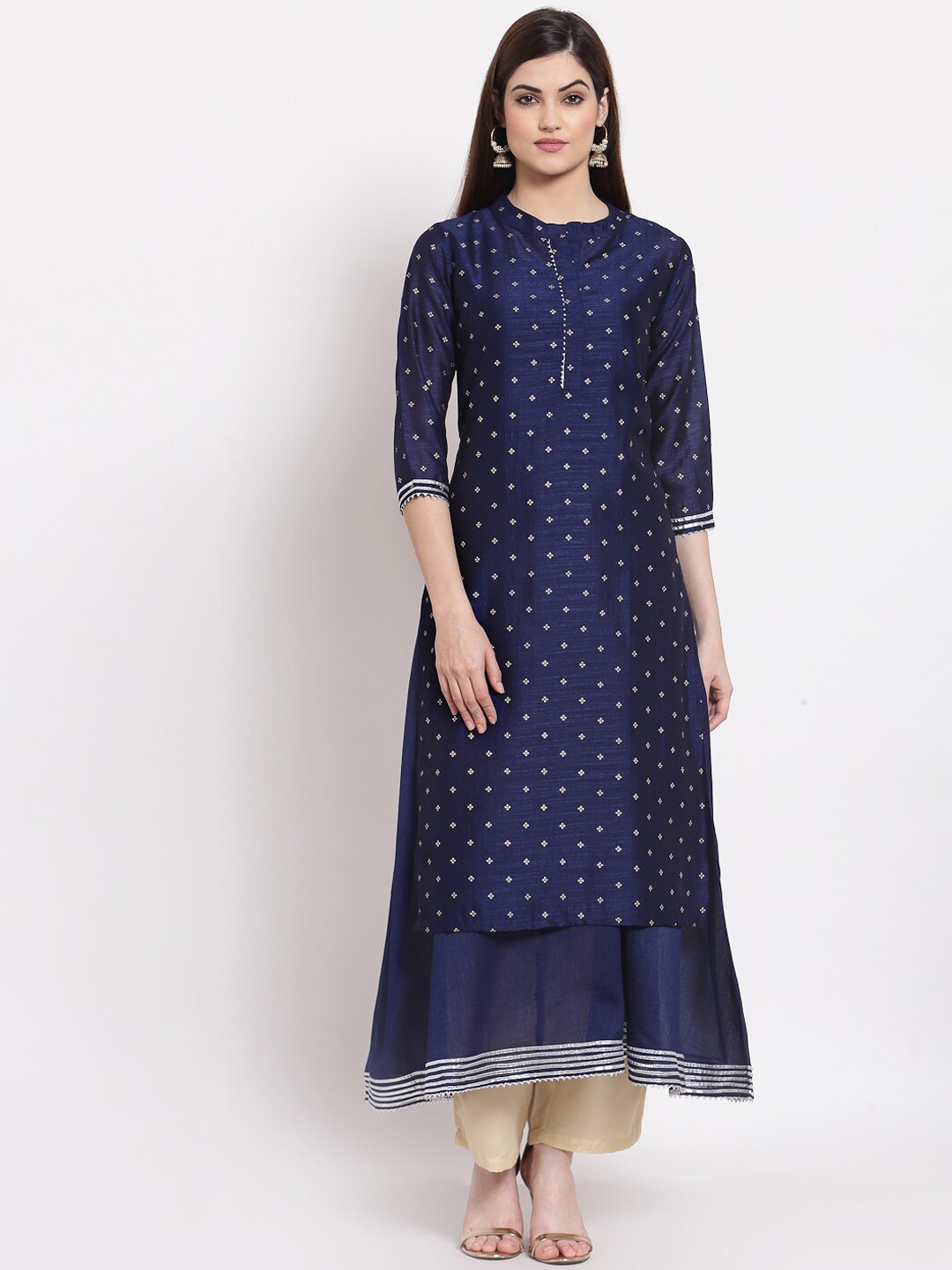 

Altiven Women Ethnic Motifs Printed Mandarin Collar Georgette Kurta, Navy blue