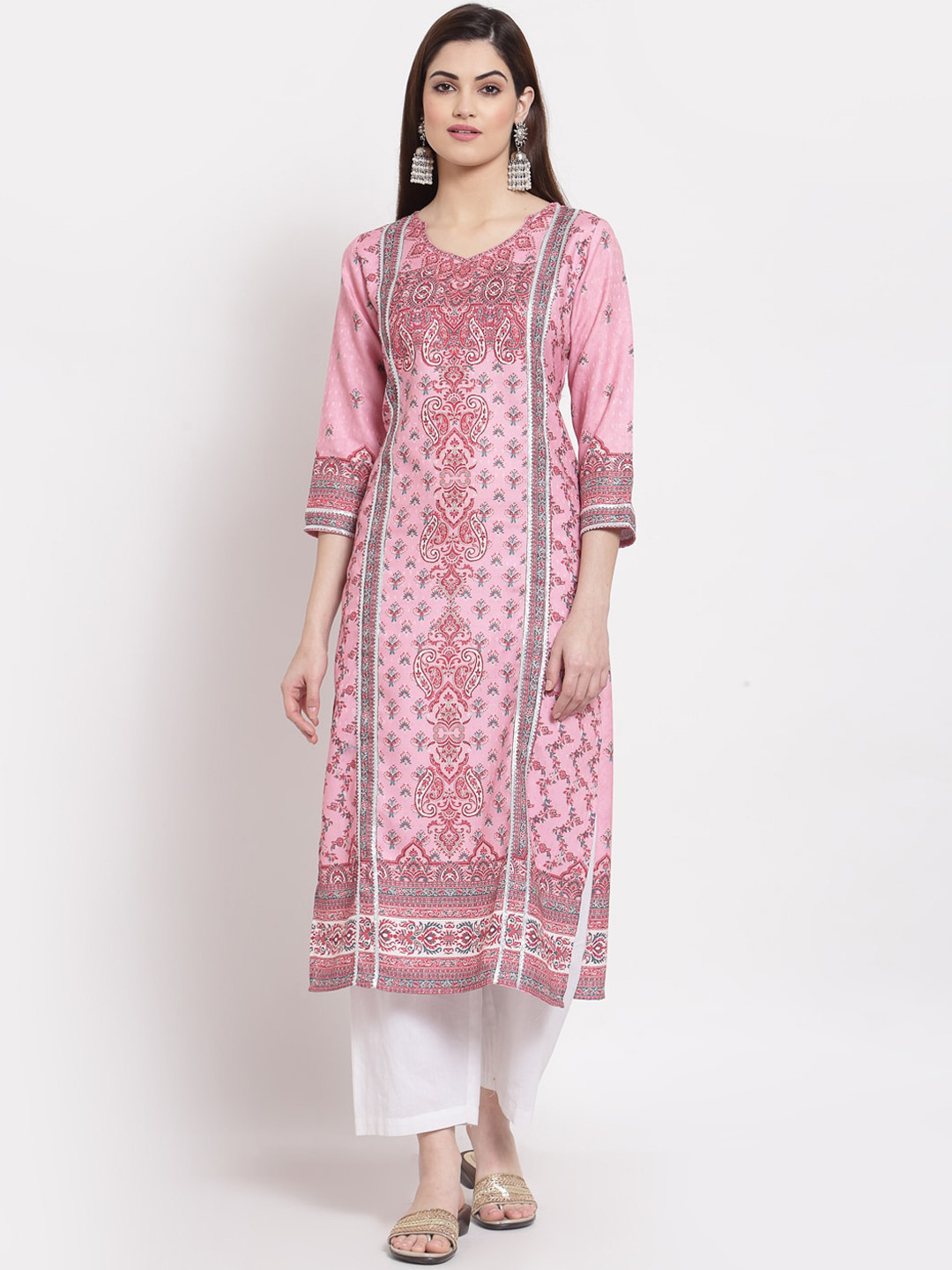 

Altiven Ethnic Motifs Printed Chanderi Silk Kurta, Pink