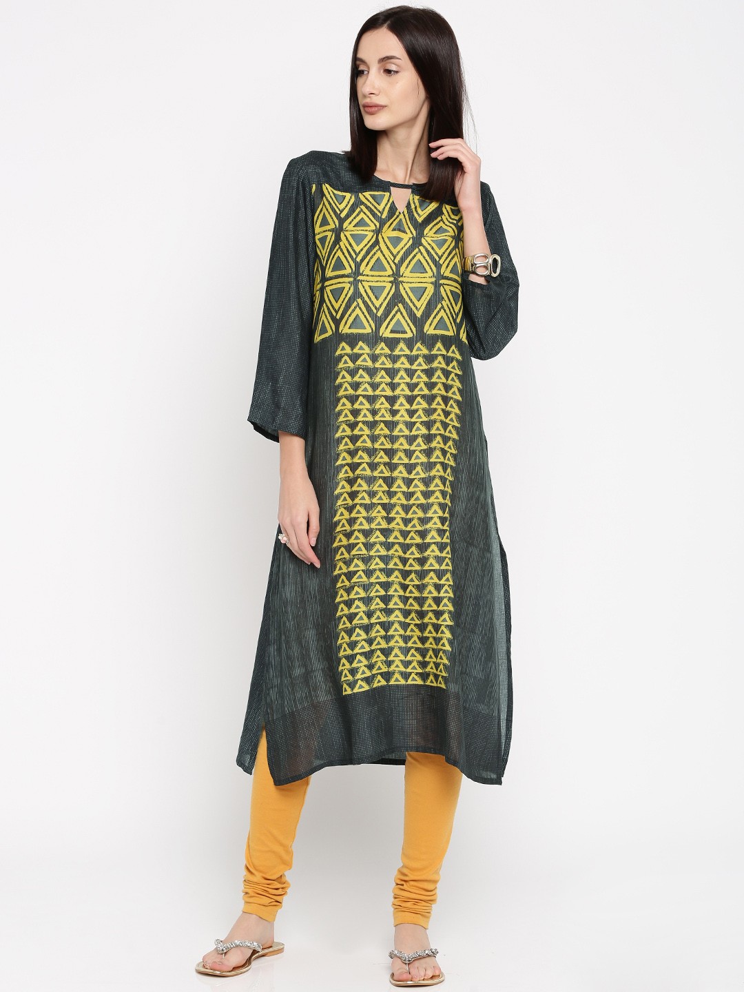 

Global Desi Women Grey & Mustard Yellow Printed Straight Kurta