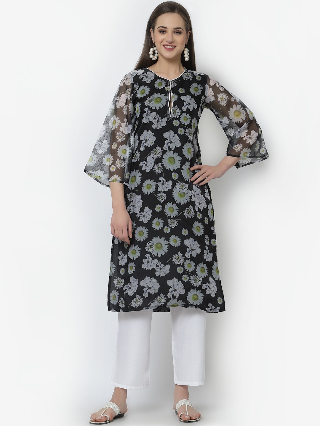 Altiven Floral Printed Flared Sleeves Kurta, Black