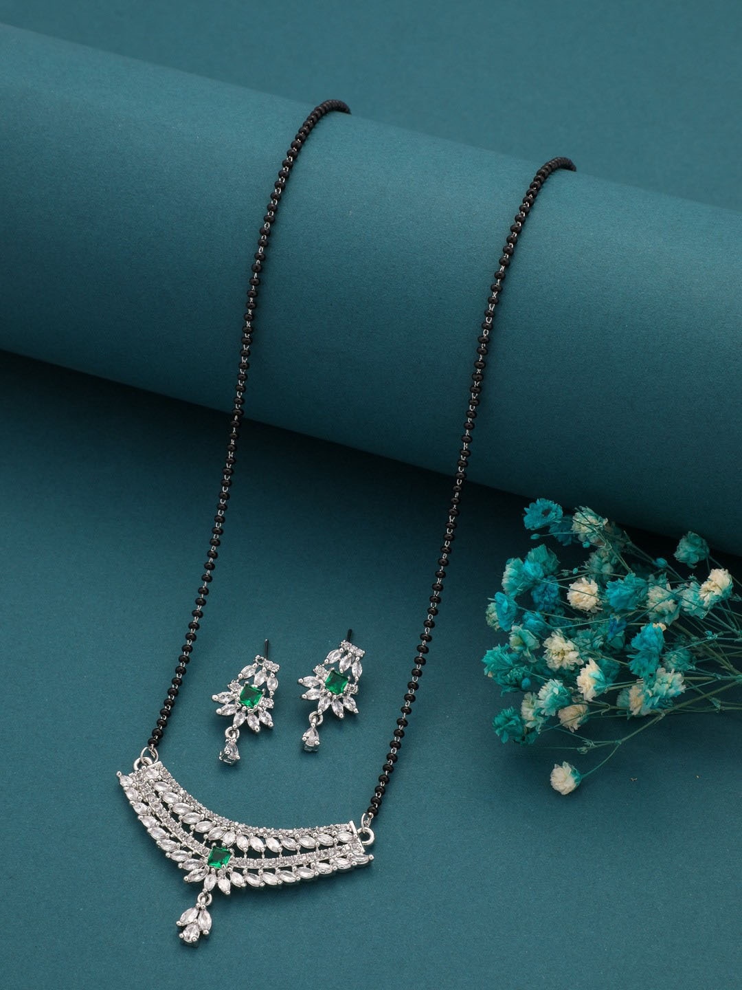 

Vita Bella Silver-Plated Stone Studded & Beaded Mangalsutra With Earrings, Black
