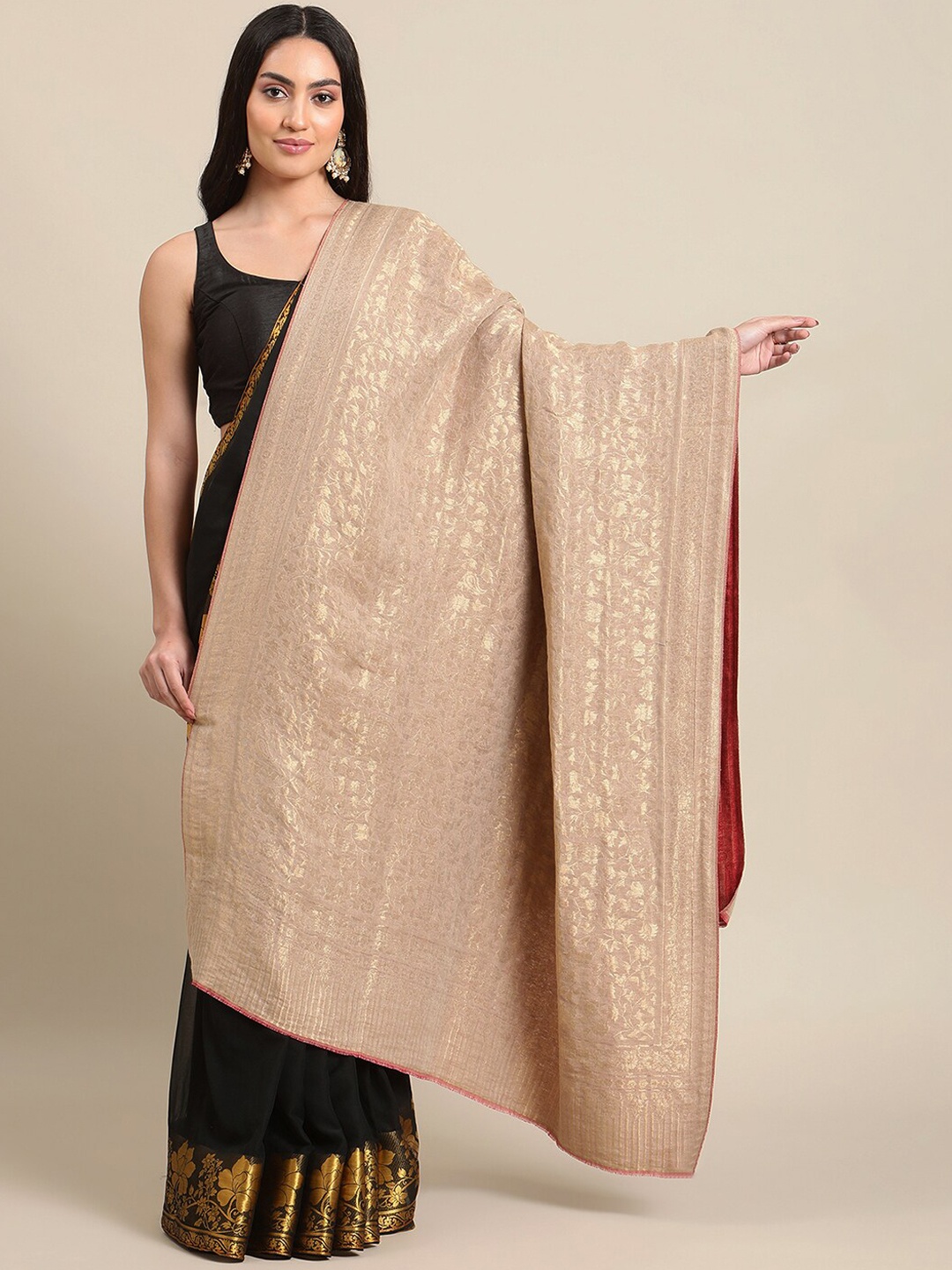 

La Vastraa Women Woven Design Pure Wool Reversible Shawl, Beige