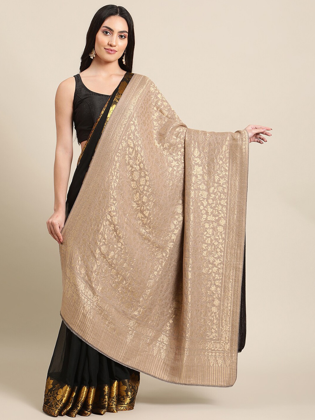

La Vastraa Women Woven Design Pure Wool Reversible Shawl, Gold