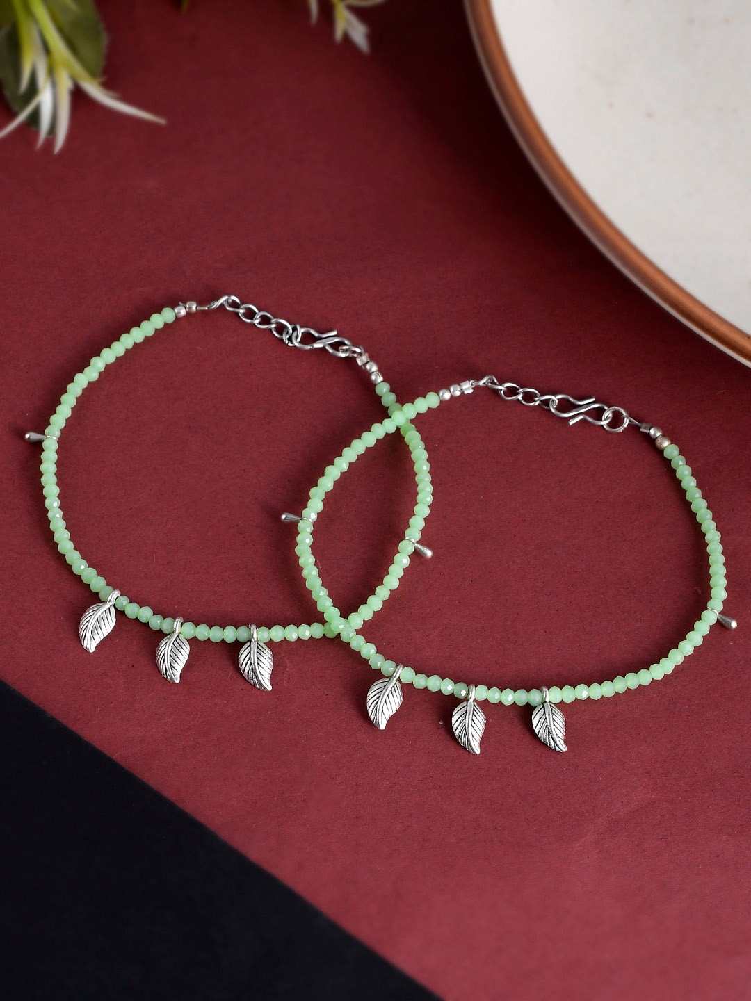 

Sanjog Set Of 2 Silver-Plated Beaded Anklets, Green