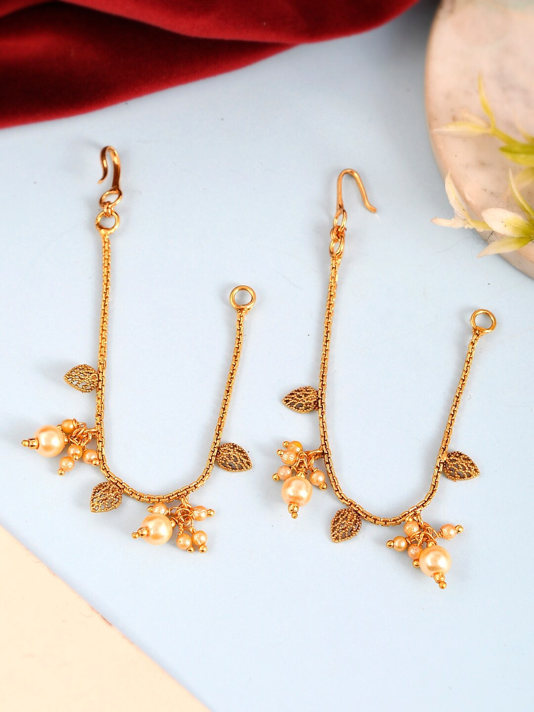 

Sanjog Gold-Plated Pearls Studded Classic Drop Ear Chain Ear Cuff