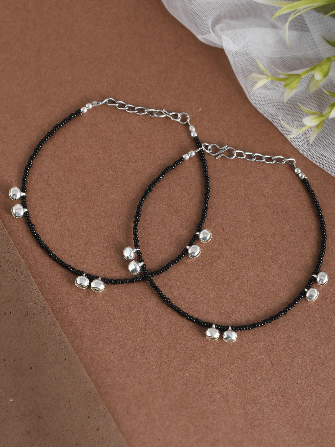 

Sanjog Set Of 2 Silver-Plated Beaded Anklet, Black