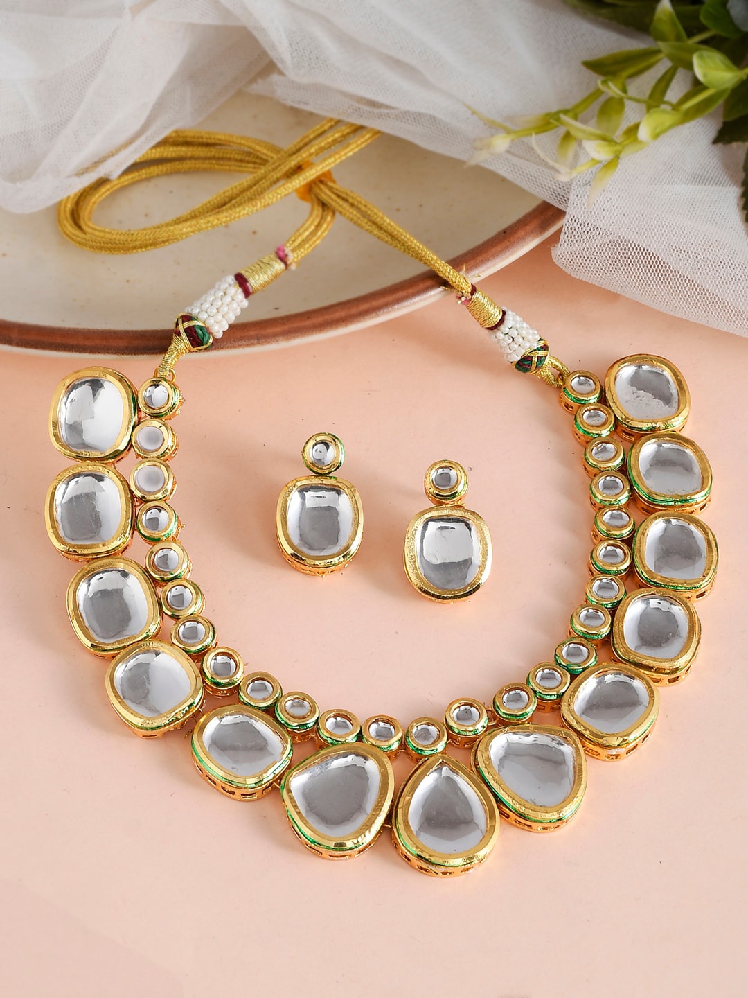 

Sanjog Gold-plated Kundan Studded Meeanakari Reversible Choker Necklace With Earrings Set, White