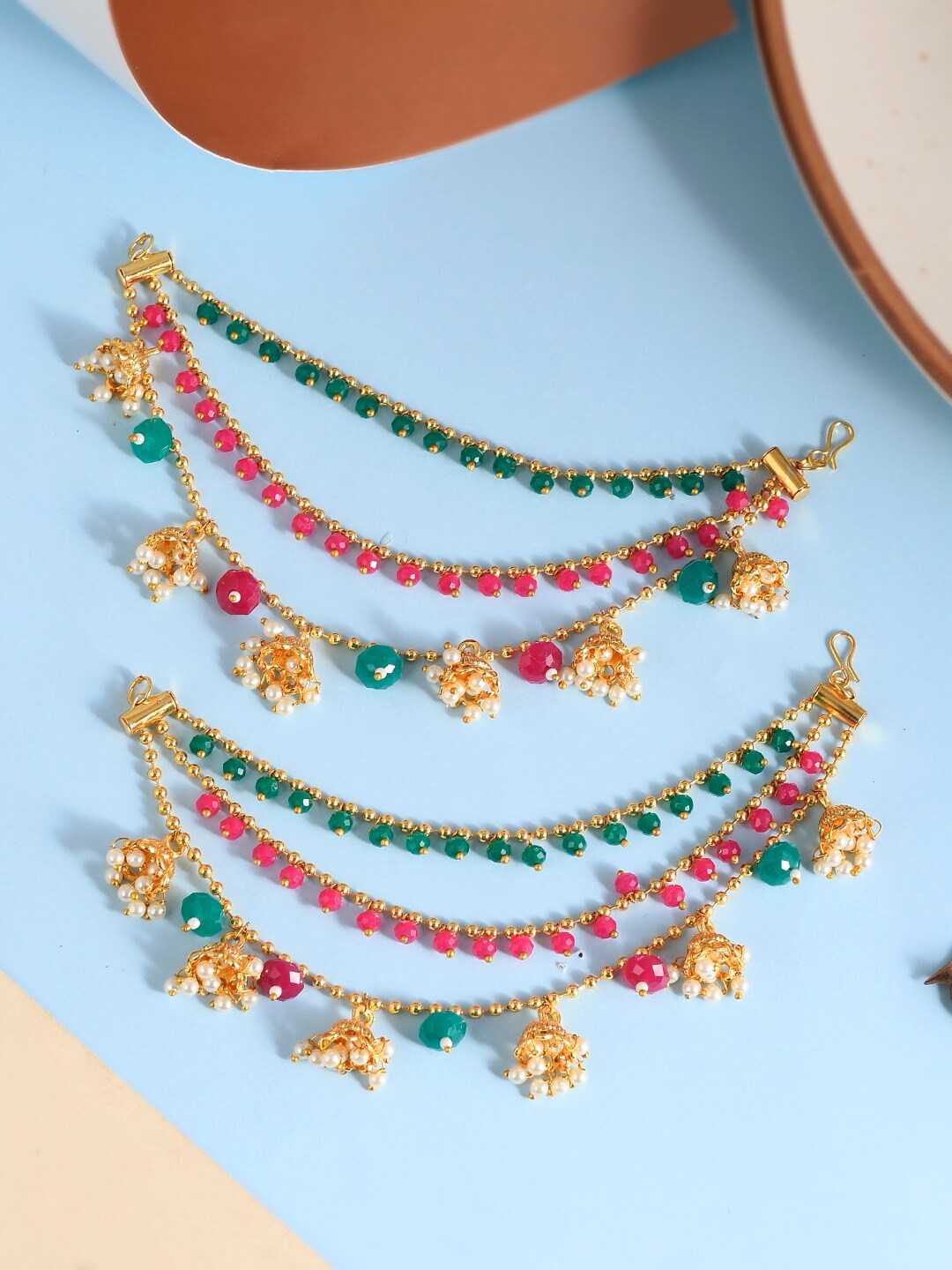 

Sanjog Gold-Plated Pearls Studded Classic Jhumki Drop Ear Chain Ear Cuff Earring, Green