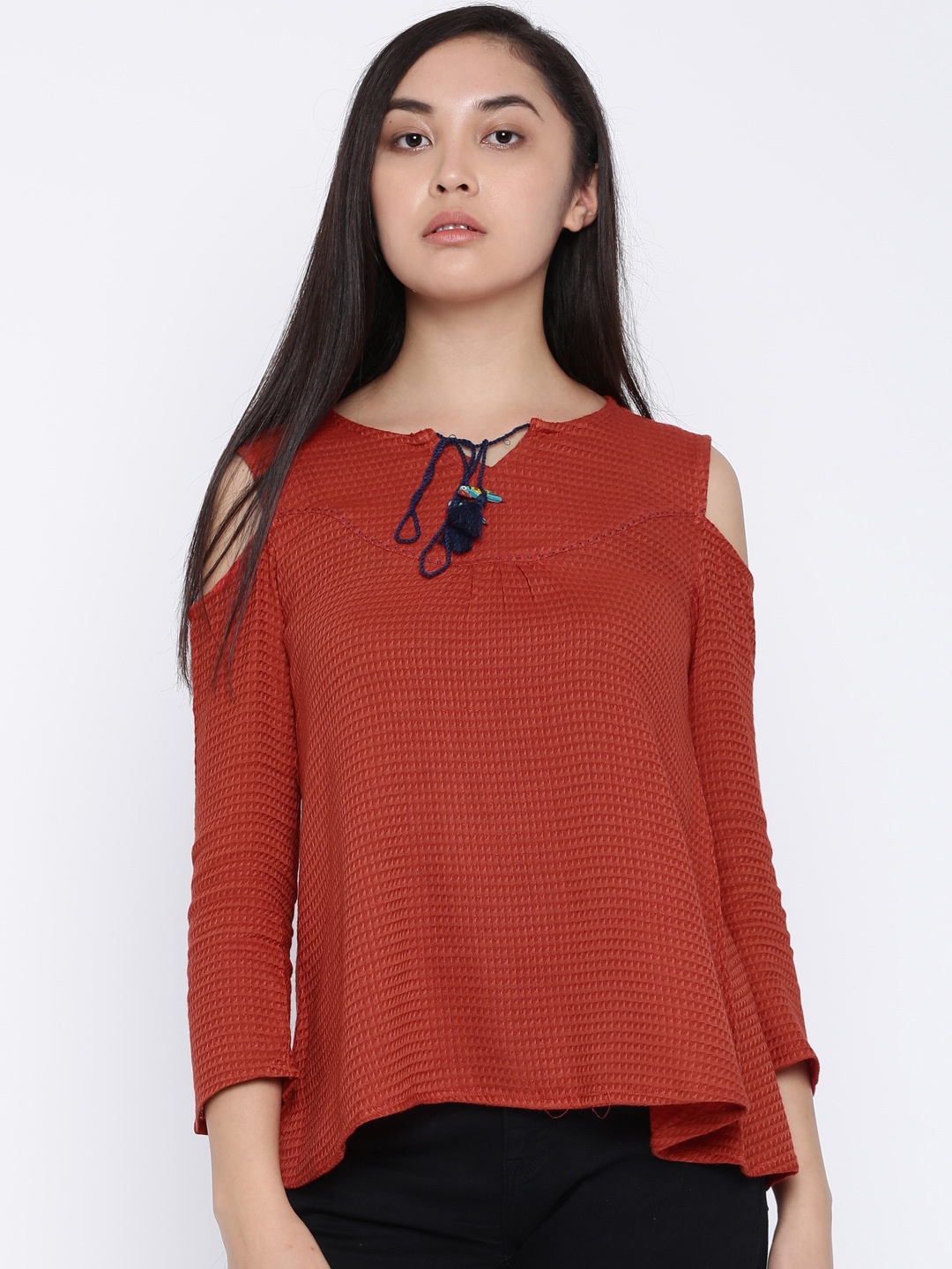 

Global Desi Women Rust Red Self Design Top