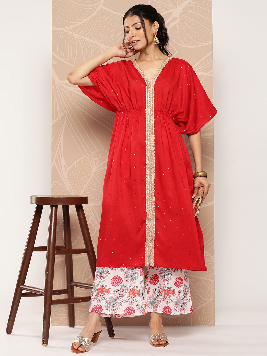 

Inddus Ethnic Motifs Embroidered Empire Sequinned Kurta With Palazzos, Red