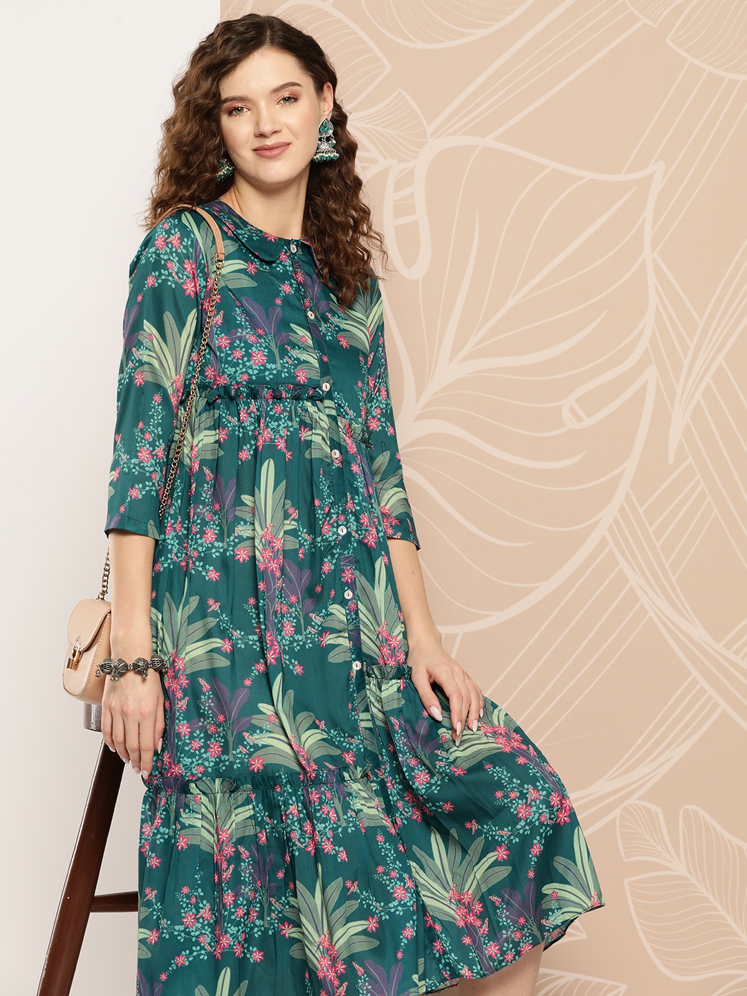 

Inddus Women Floral Printed Ruffle A-Line Midi Dress, Teal