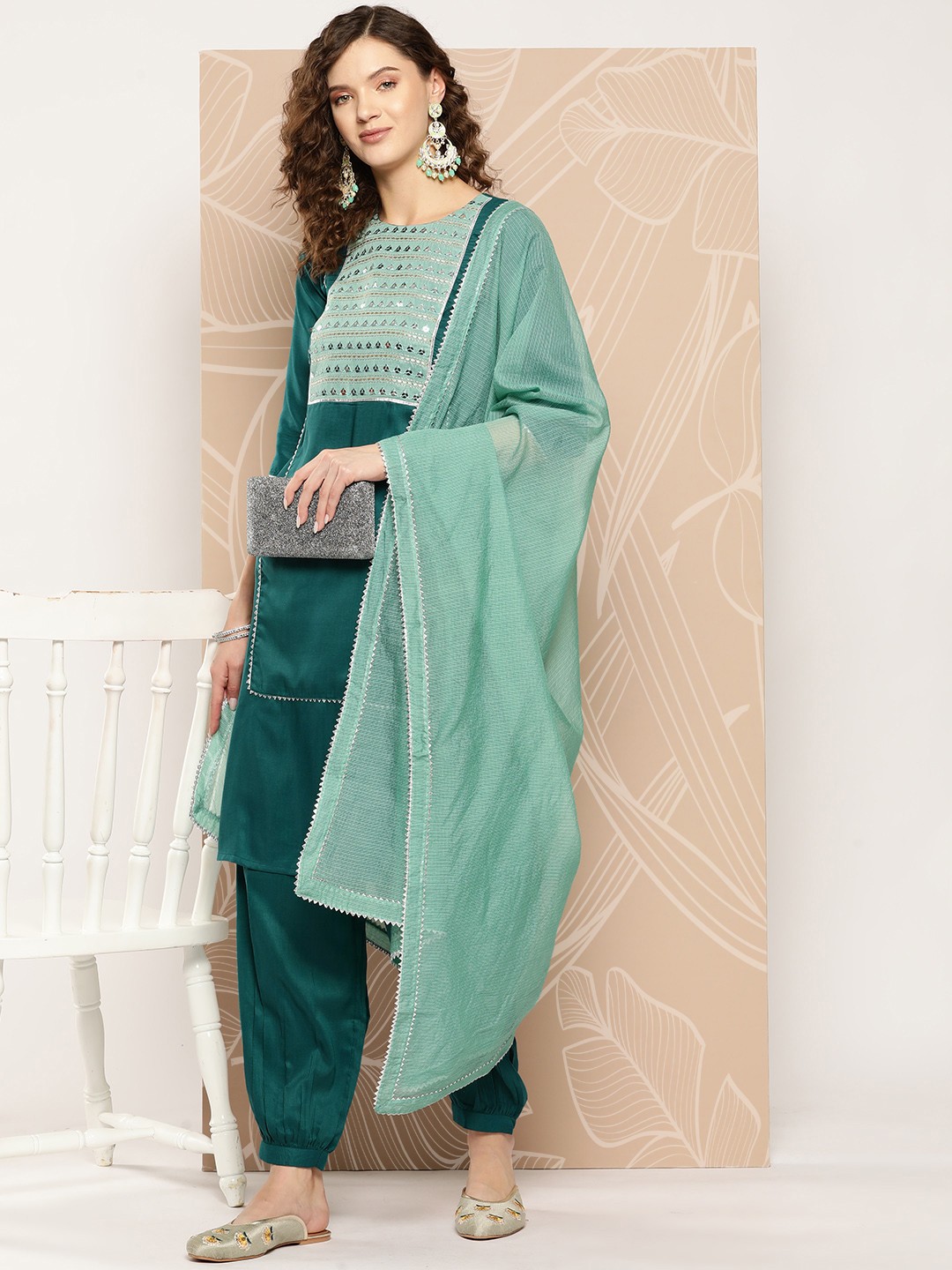 

Inddus Ethnic Motifs Yoke Design Sequinned Kurta With Salwar & Dupatta, Green