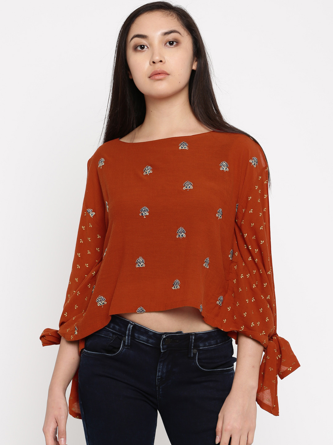 

Global Desi Women Rust Printed Boxy Top