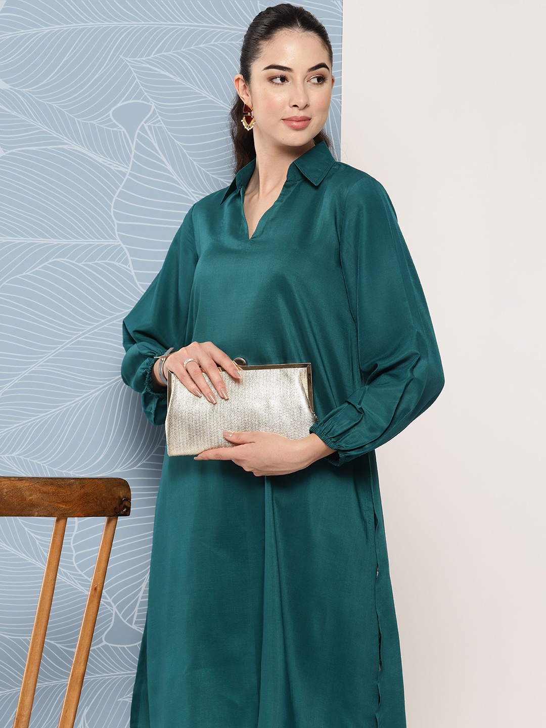 

Inddus Shirt Collar Puff Sleeves Kurta With Trousers, Teal