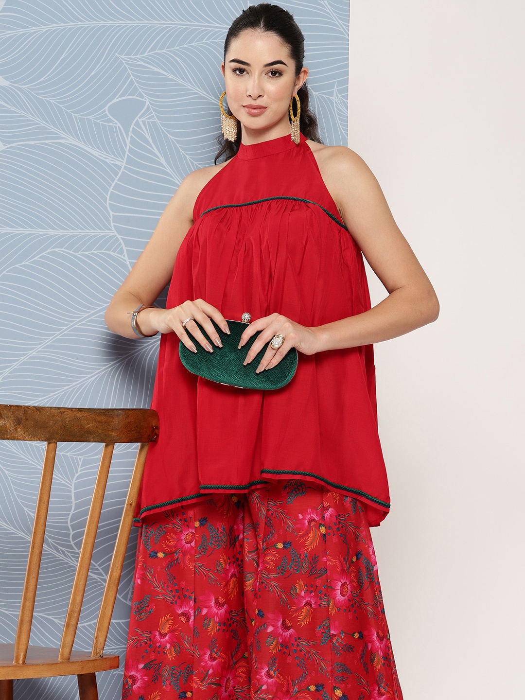 

Inddus Kurti With Floral Palazzos, Red