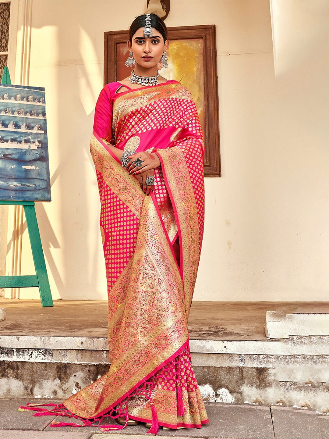 

SANGAM PRINTS Ethnic Motifs Woven Design Zari Pure Silk Banarasi Saree, Pink