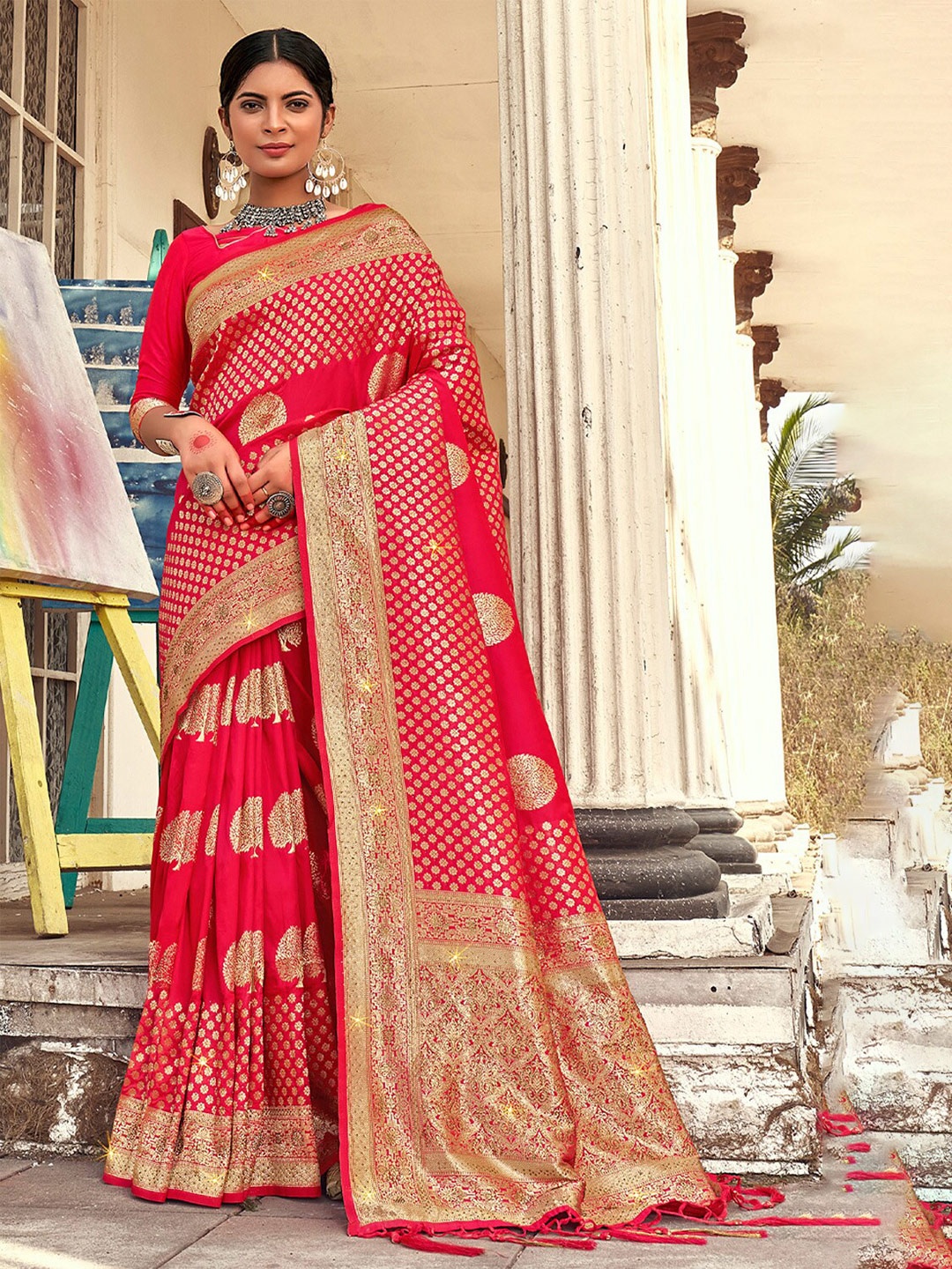 

SANGAM PRINTS Ethnic Motifs Woven Design Zari Pure Silk Banarasi Saree, Pink