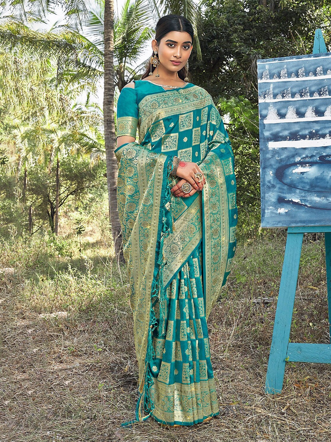 

SANGAM PRINTS Ethnic Motifs Woven Design Zari Pure Silk Banarasi Saree, Sea green