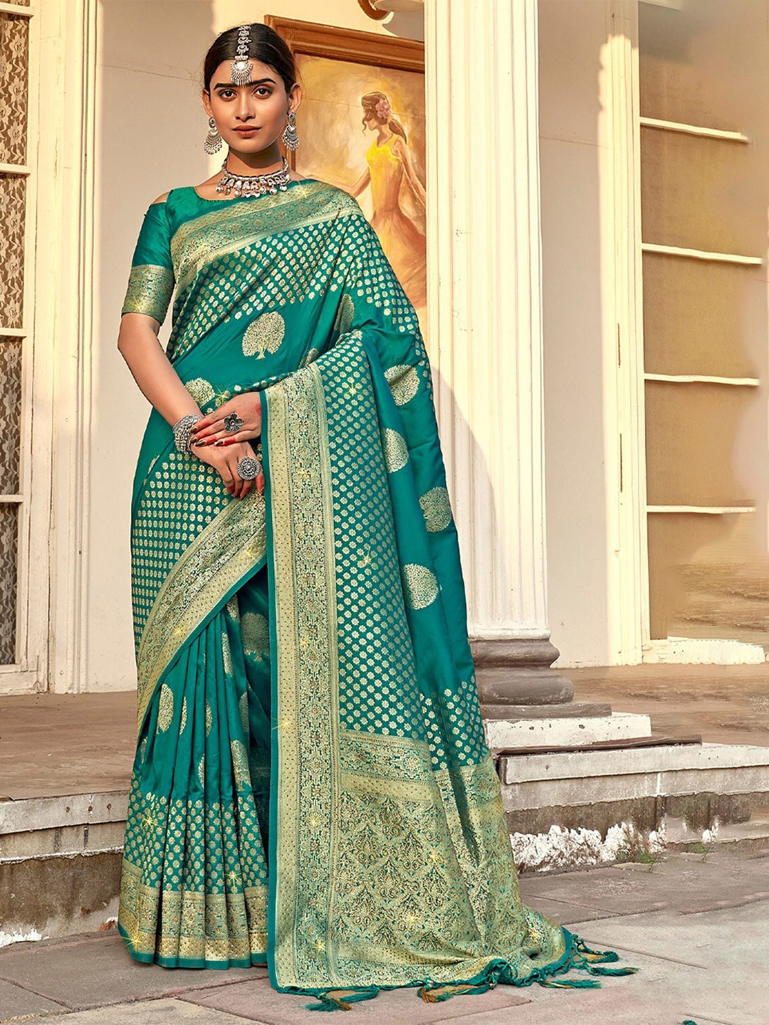 

SANGAM PRINTS Ethnic Motifs Woven Design Zari Pure Silk Banarasi Saree, Sea green