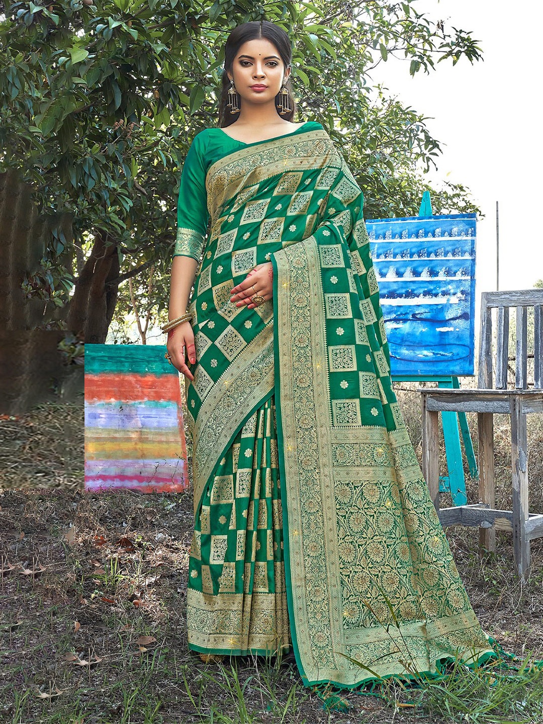 

SANGAM PRINTS Ethnic Motifs Woven Design Zari Pure Silk Banarasi Saree, Green