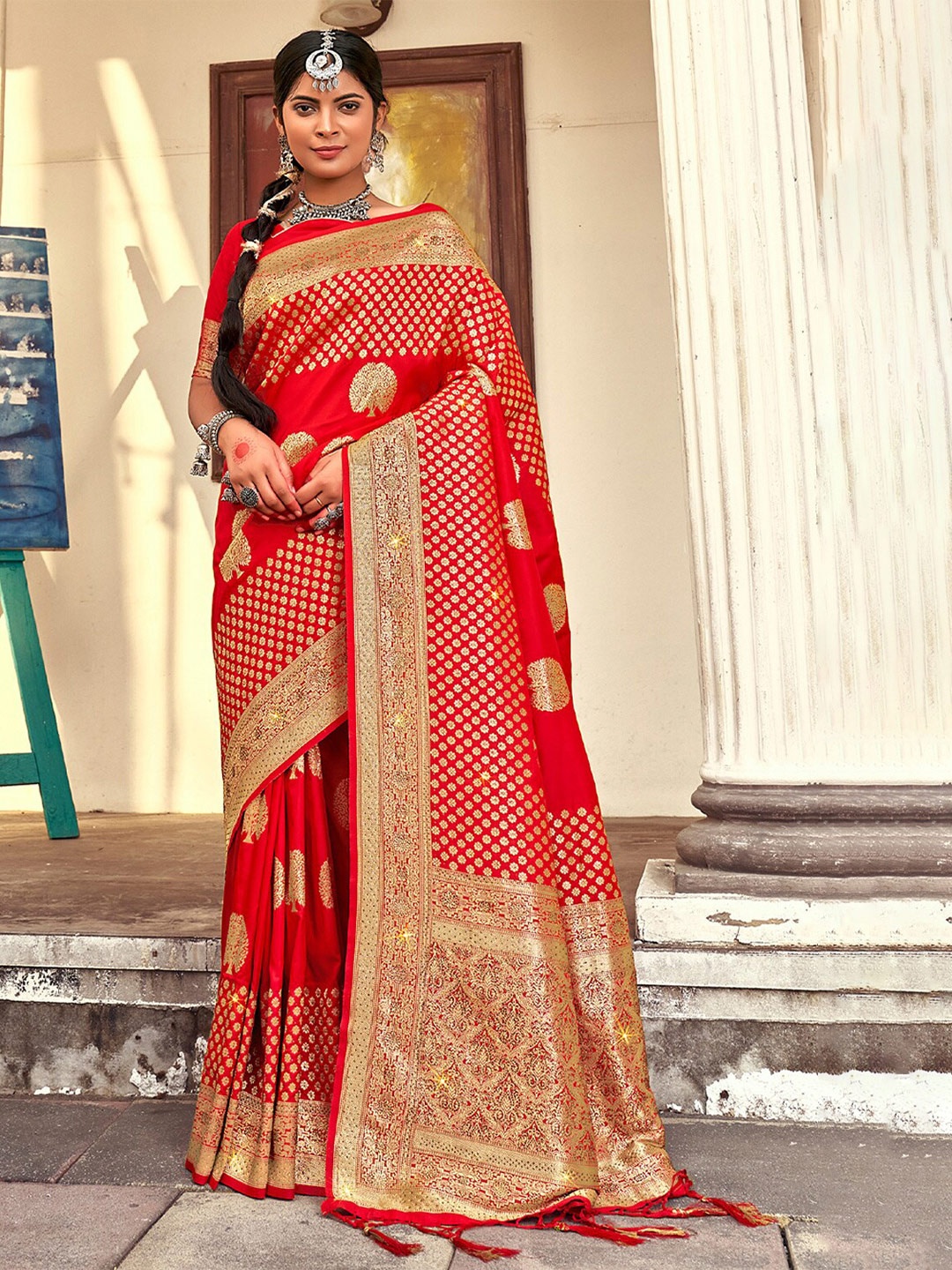 

SANGAM PRINTS Ethnic Motifs Woven Design Zari Pure Silk Banarasi Saree, Red