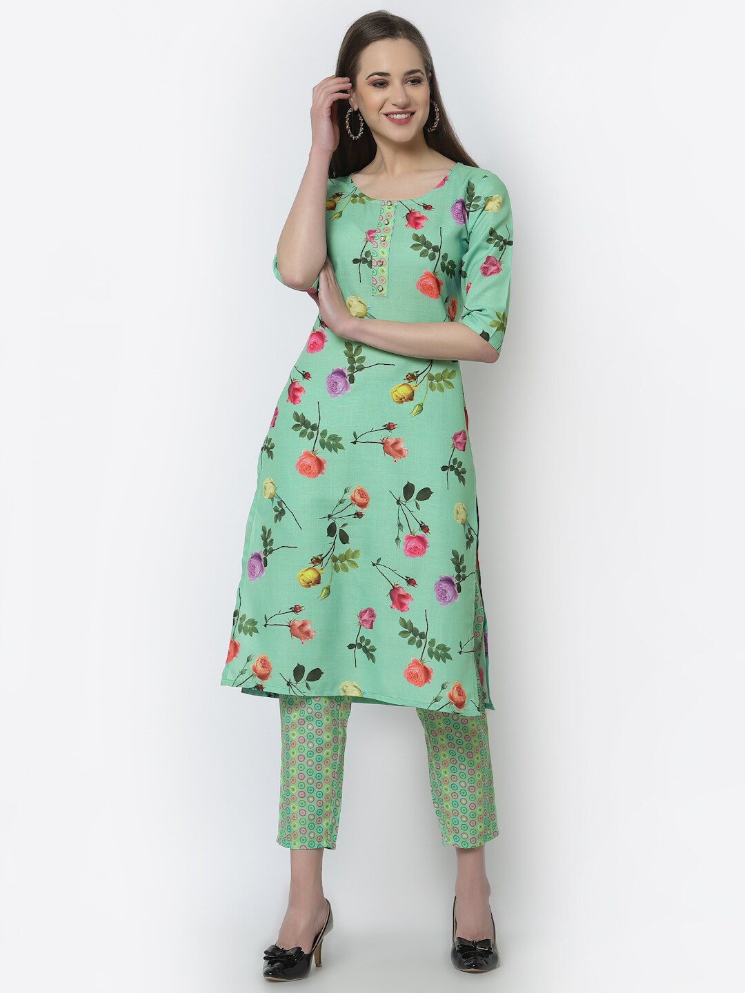 

Altiven Floral Printed Pure Cotton Kurta with Trousers, Green