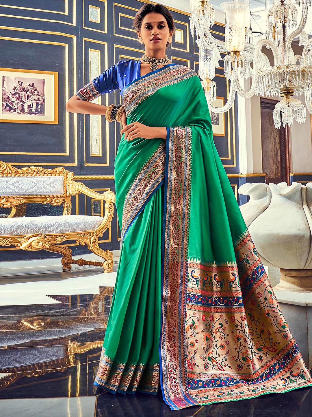 

Satrani Ethnic Motifs Woven Design Zari Saree, Green