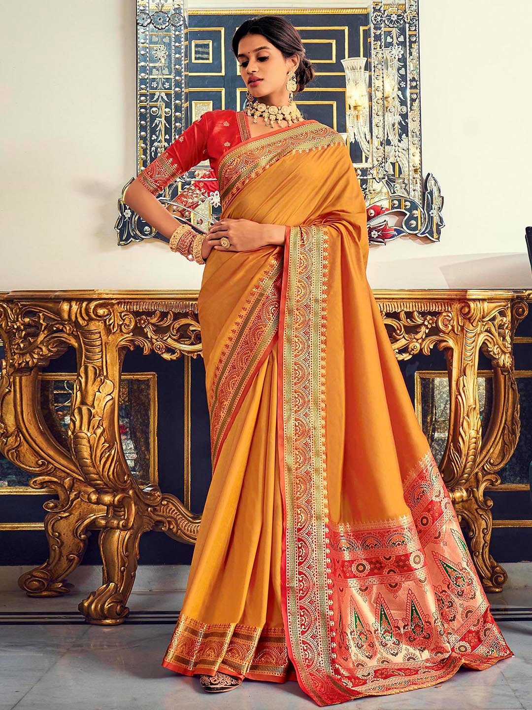

Satrani Woven Design Border Poly Silk Saree With Blouse Piece, Mustard