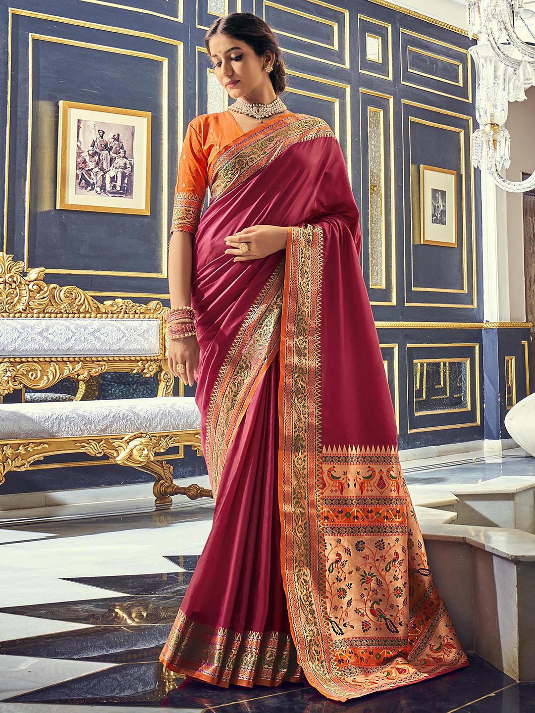 

Satrani Ethnic Motifs Woven Design Zari Saree, Maroon