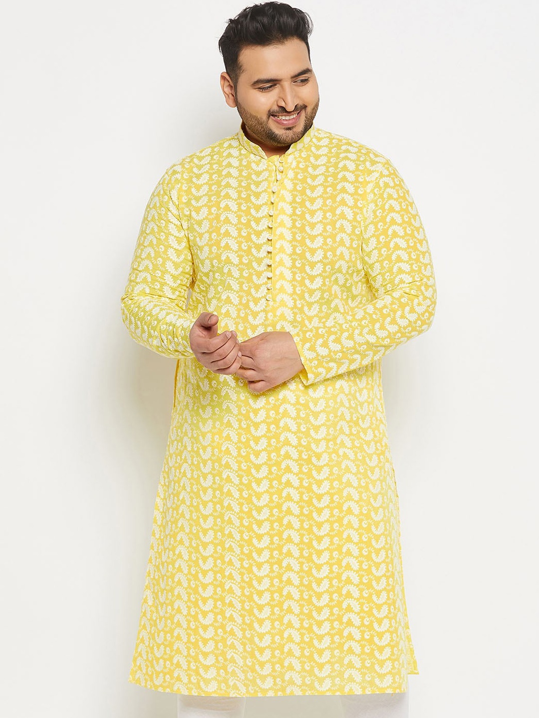 

VASTRAMAY Plus Size Ethnic Motifs Printed Pure Cotton Kurta, Mustard