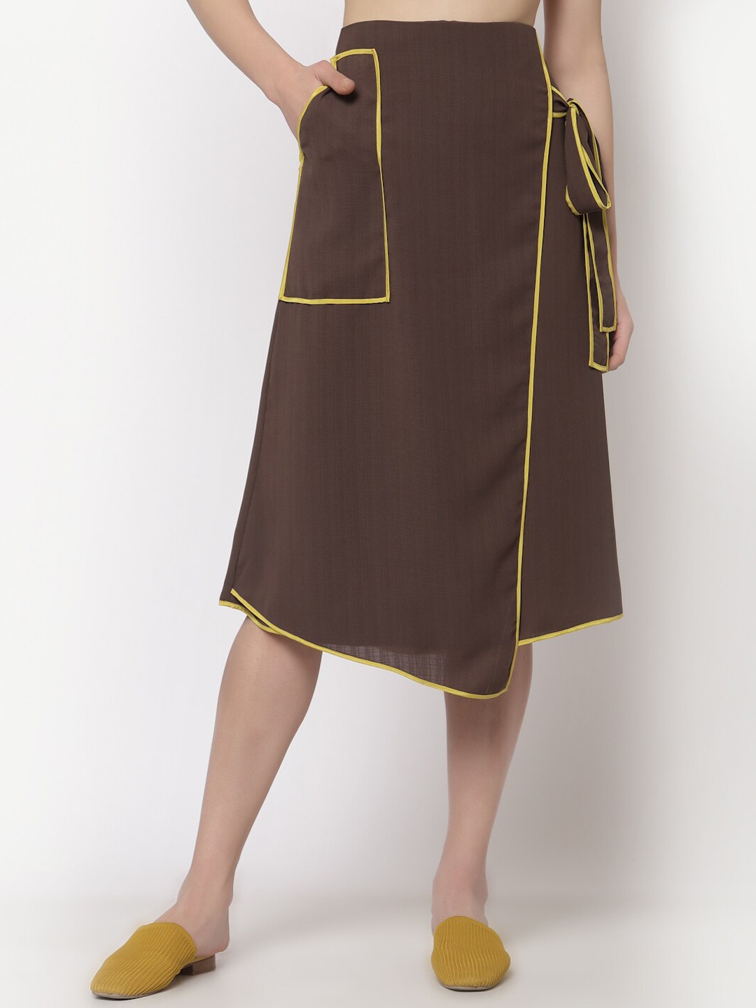 

OFFICE & YOU A-Line Asymmetrical Midi Skirt With Piping Detail, Brown