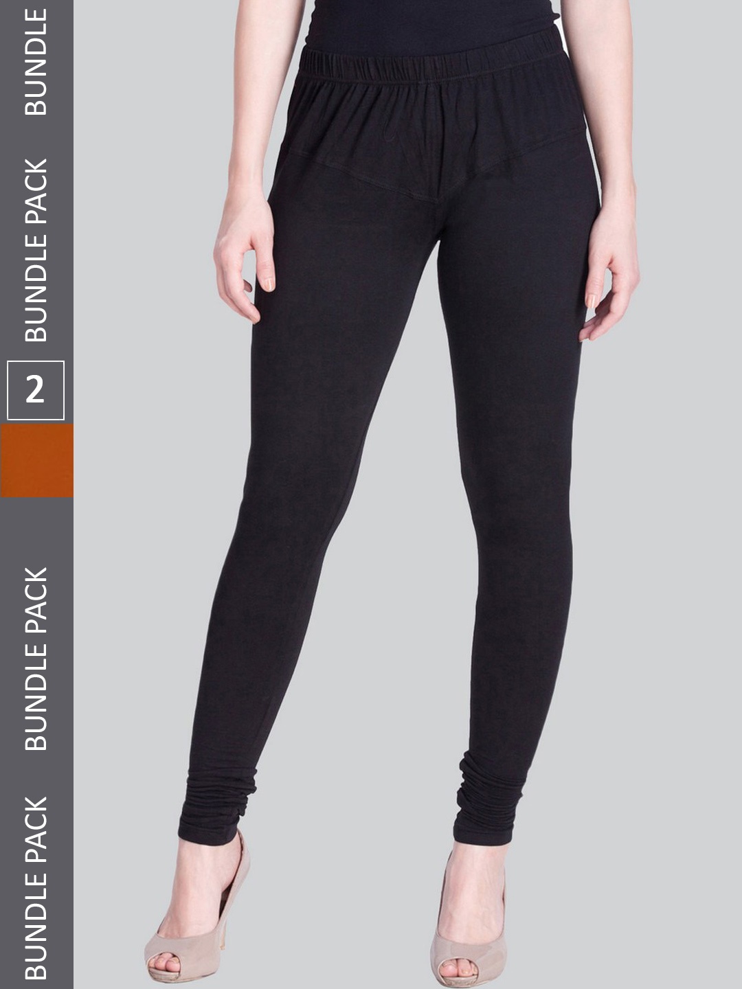 

LYRA Women Pack Of 2 Mid Rise Churidar-Length Cotton Lycra Leggings, Black