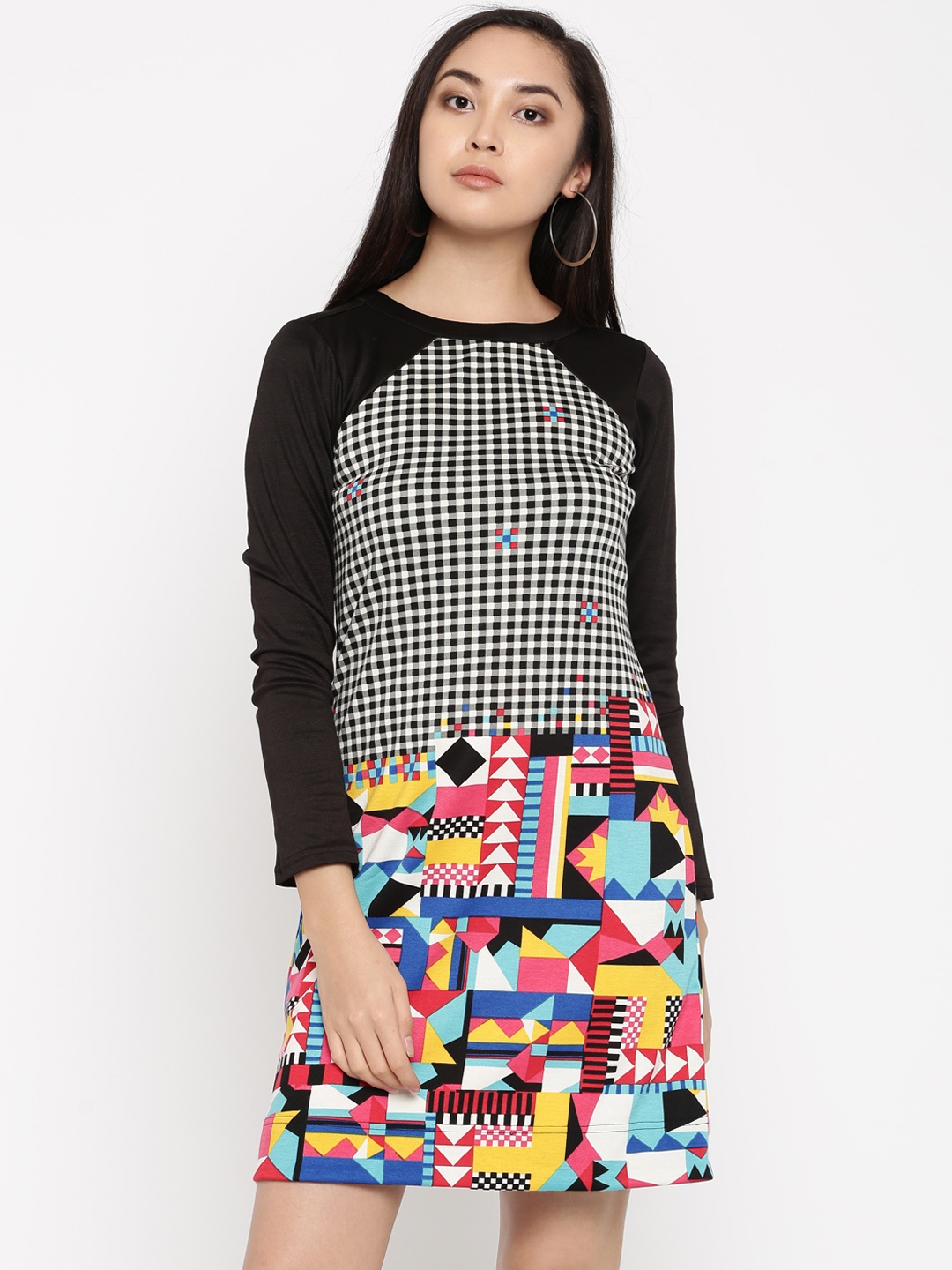 

Global Desi Women Black Checked A-Line Dress