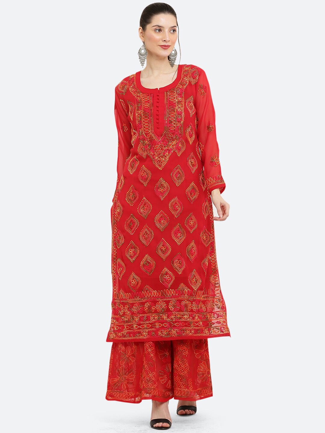 

FAWOMENT Round Neck Ethnic Motifs Chikankari Embroidered Kurta With Sharara, Red