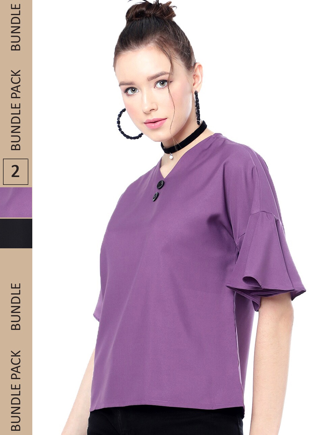 

J Turritopsis Pack Of 2 V-Neck Bell Sleeves Top, Purple