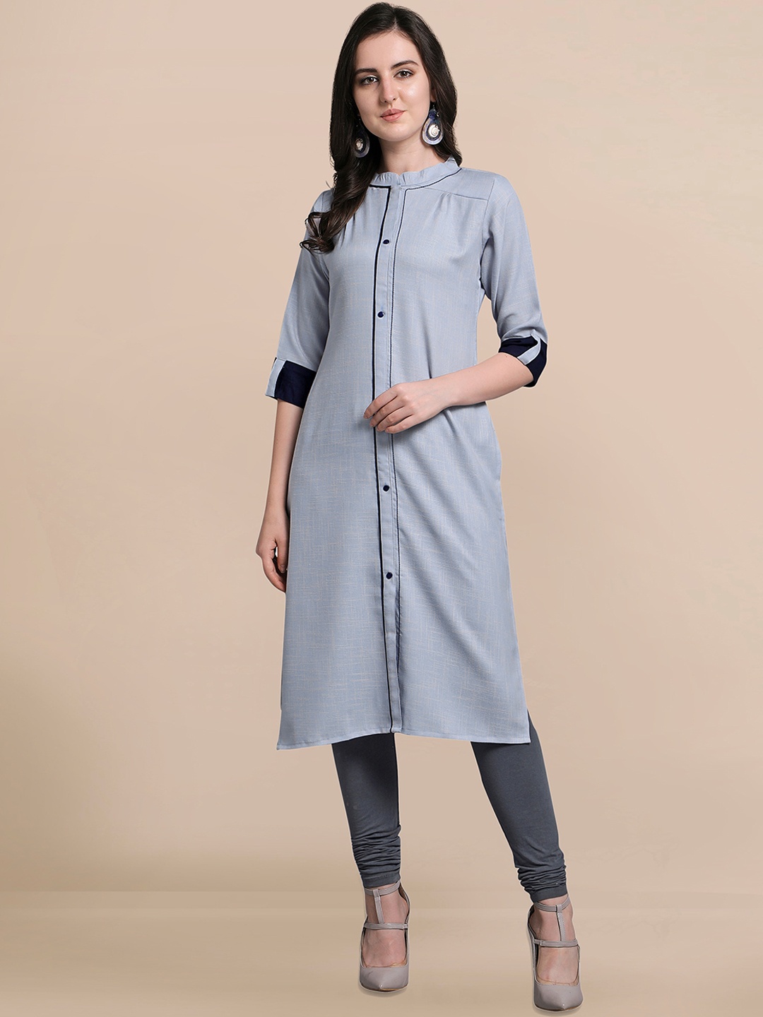 

KALINI Mandarin Collar Roll-Up Sleeves Thread Work Pure Cotton Kurta, Grey